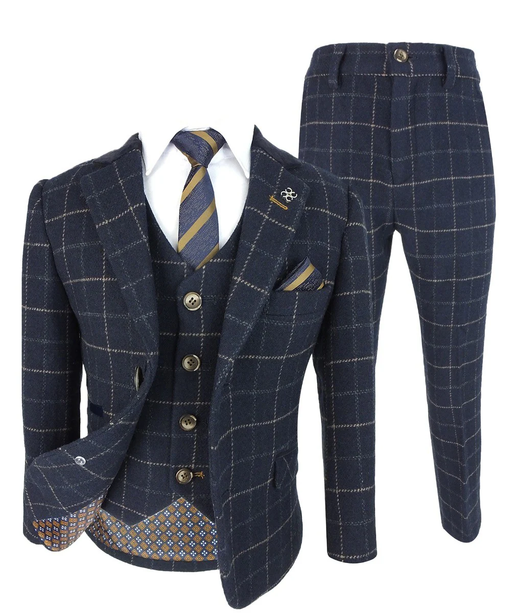 Boys Tweed Windowpane Check Slim Fit Suit - SHELBY - Navy Blue - Image 3