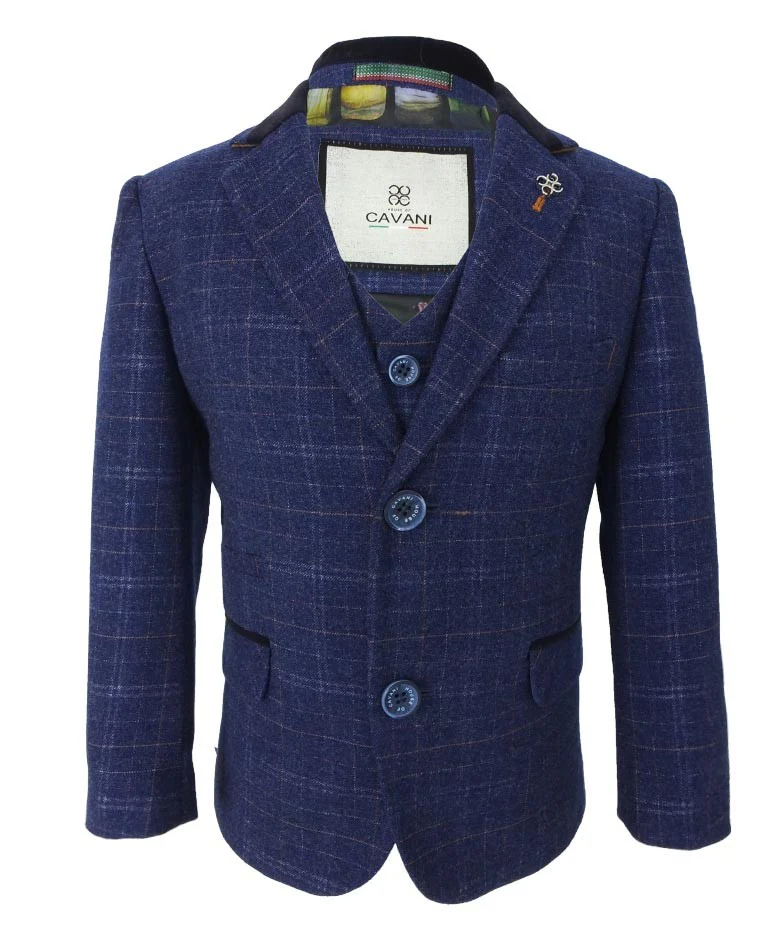 Boys Tweed Check Navy Slim Fit Suit - KAISER - Navy Blue - Image 10