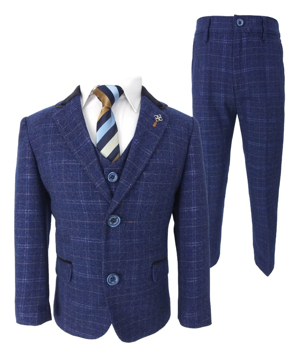 Boys Tweed Check Navy Slim Fit Suit - KAISER - Navy Blue - Image 9