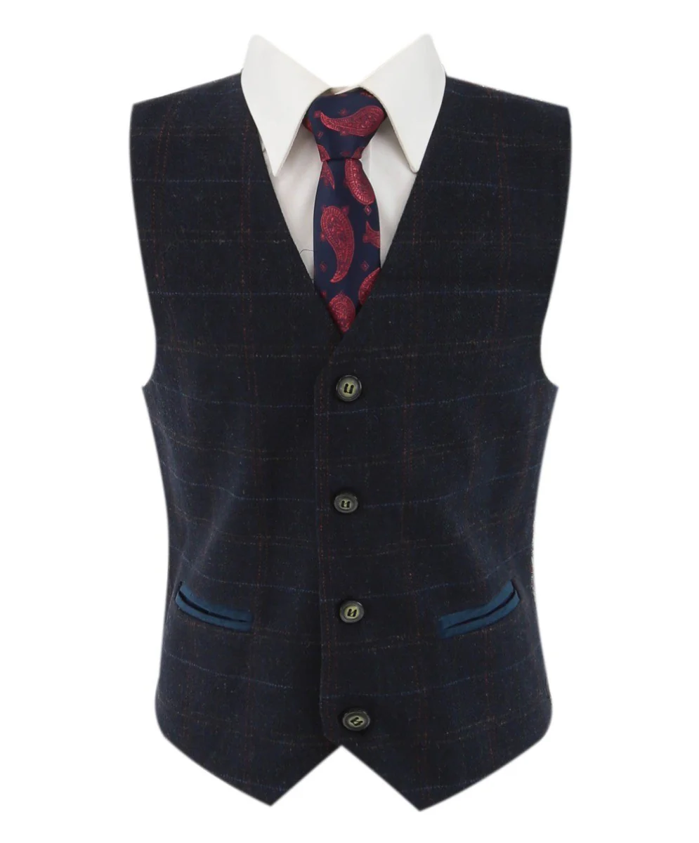 Boys Tweed Windowpane Check Tailored Fit Suit - Ryan Navy - Navy Blue - Image 8
