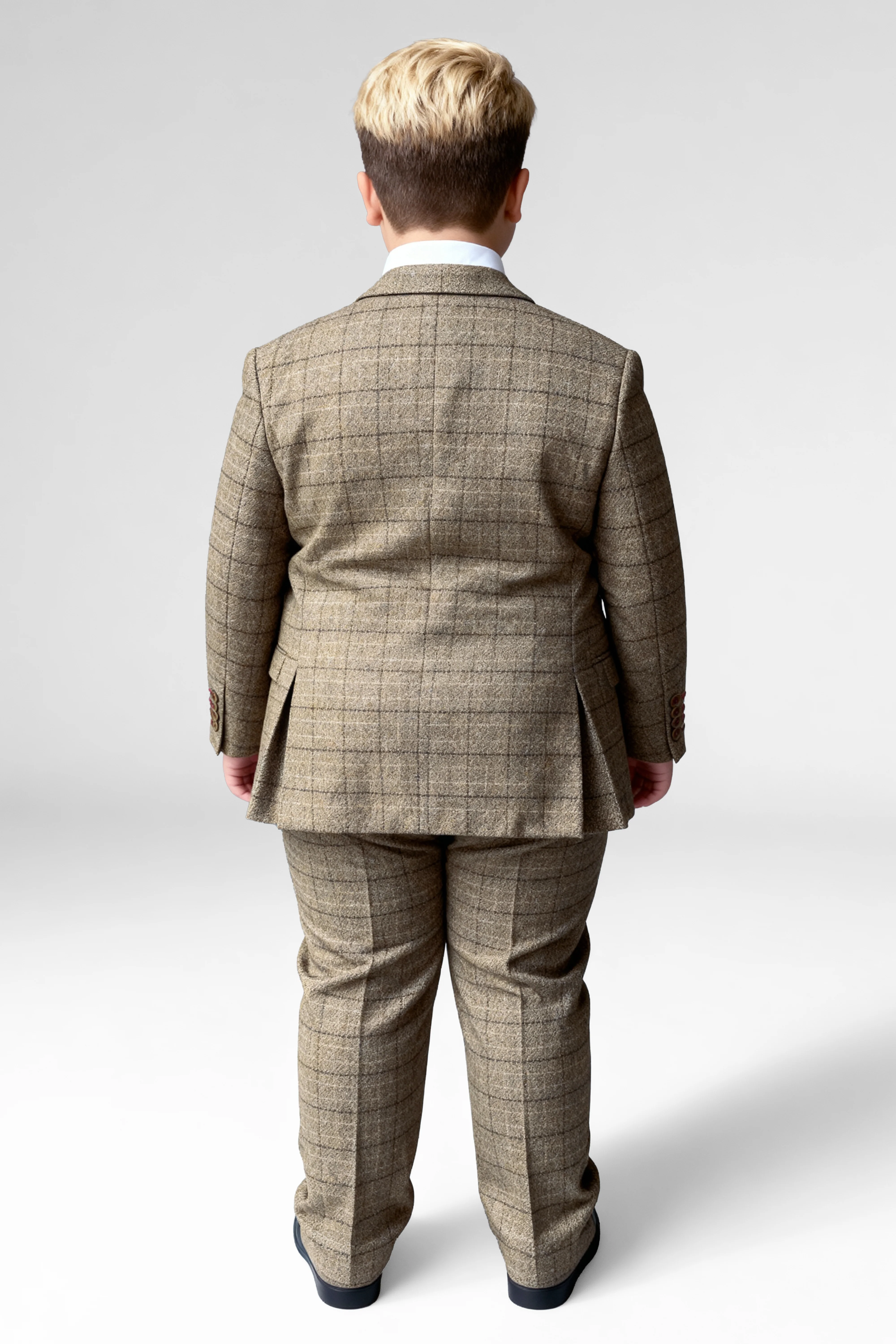 Boys 3-Piece Wool Tweed Windowpane Check Suit - Liam - Beige - Image 6