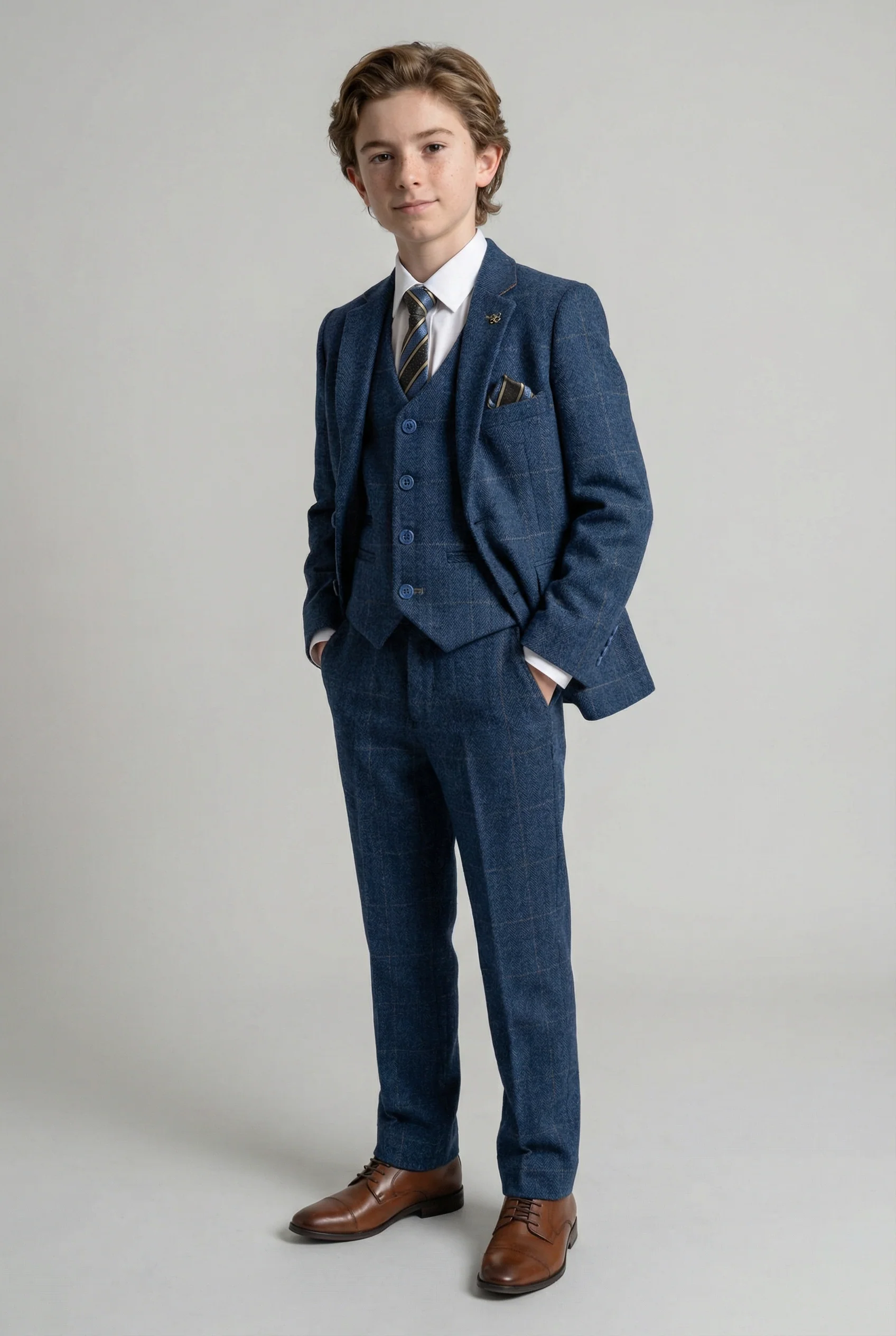 Boys Slim Fit Wool Blend Herringbone Tweed Blue Suit - CARNEGI - Navy Blue - Image 2