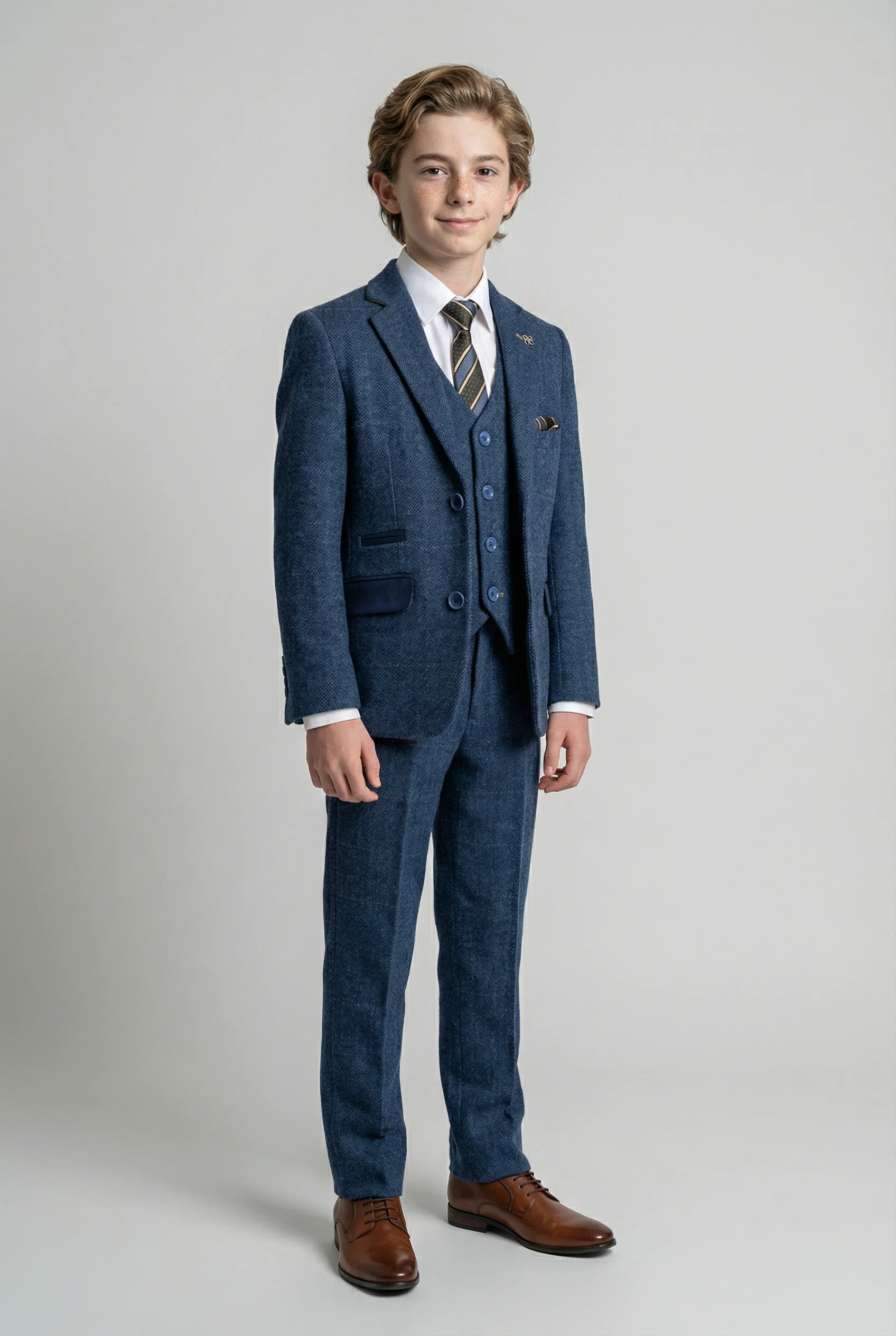 Boys Slim Fit Wool Blend Herringbone Tweed Blue Suit - CARNEGI - Navy Blue - Image 3