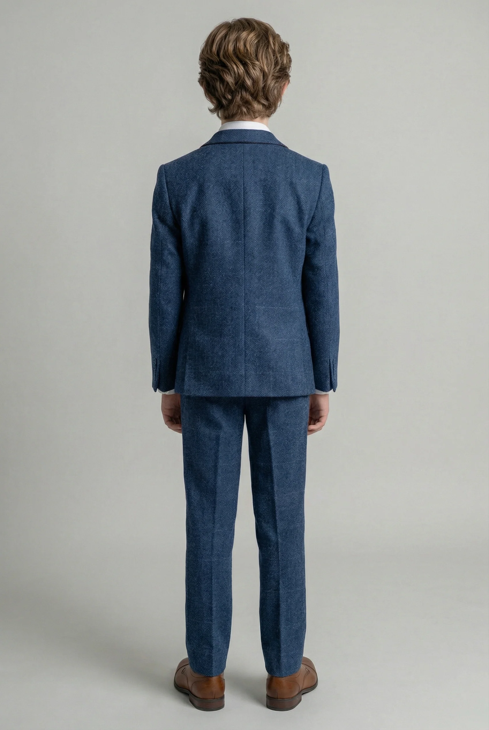 Boys Slim Fit Wool Blend Herringbone Tweed Blue Suit - CARNEGI - Navy Blue - Image 4