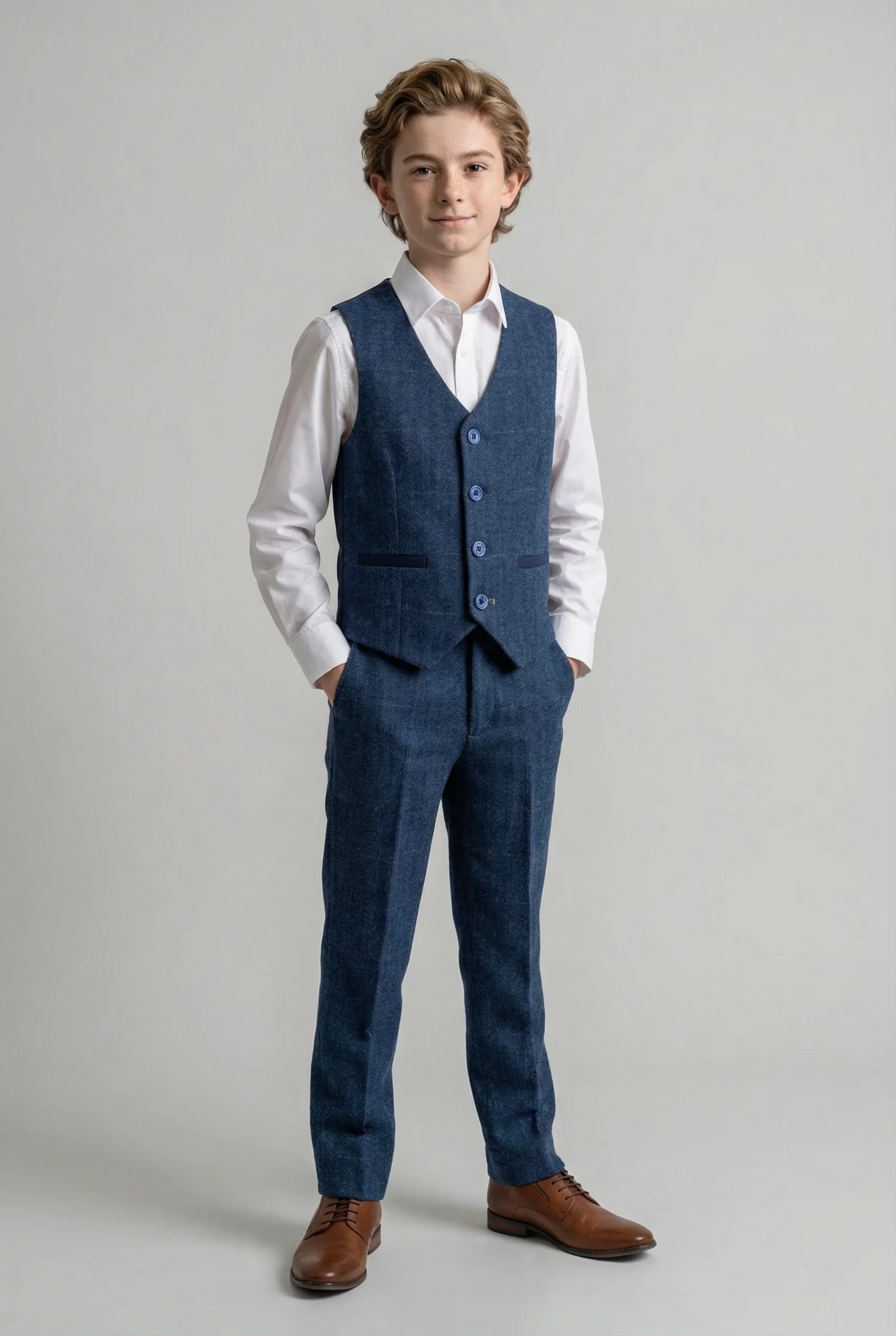 Boys Slim Fit Wool Blend Herringbone Tweed Blue Suit - CARNEGI - Navy Blue - Image 5