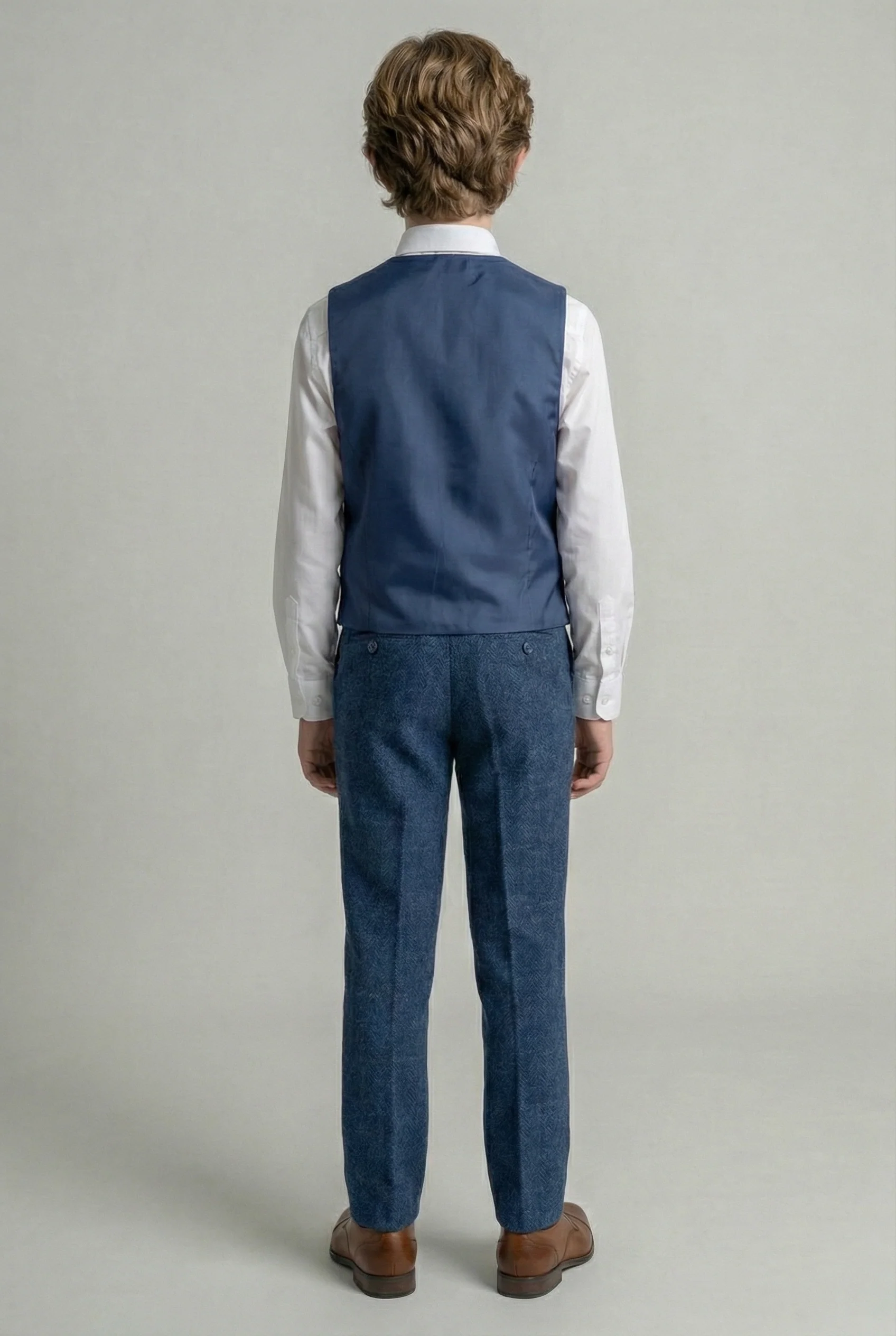 Boys Slim Fit Wool Blend Herringbone Tweed Blue Suit - CARNEGI - Navy Blue - Image 6