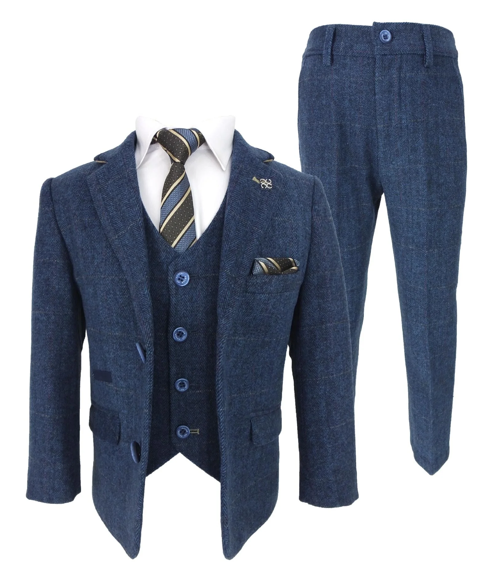 Boys Slim Fit Wool Blend Herringbone Tweed Blue Suit - CARNEGI - Navy Blue - Image 7