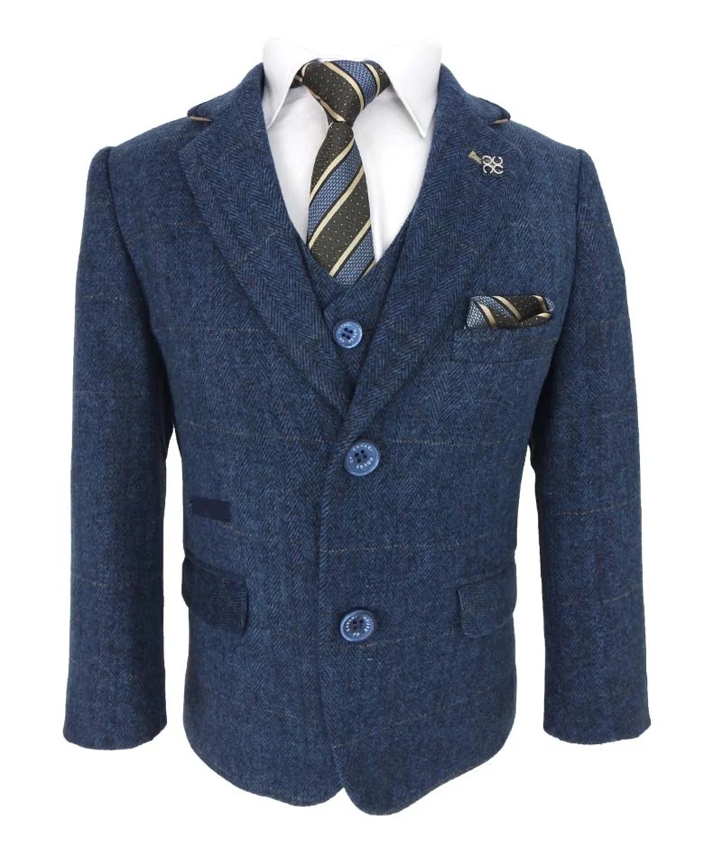 Boys Slim Fit Wool Blend Herringbone Tweed Blue Suit - CARNEGI - Navy Blue - Image 8