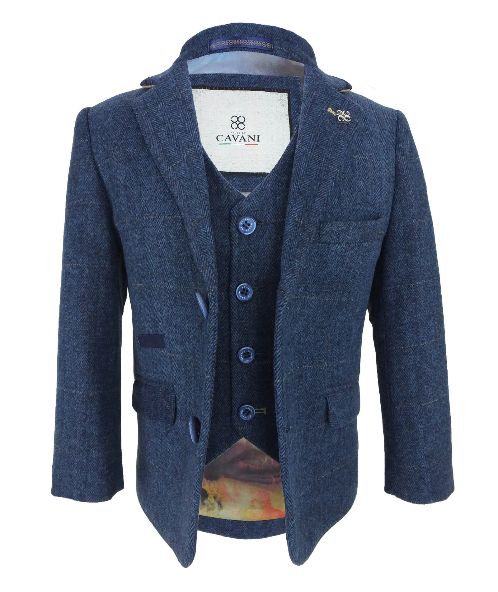 Boys Slim Fit Wool Blend Herringbone Tweed Blue Suit - CARNEGI - Navy Blue - Image 9