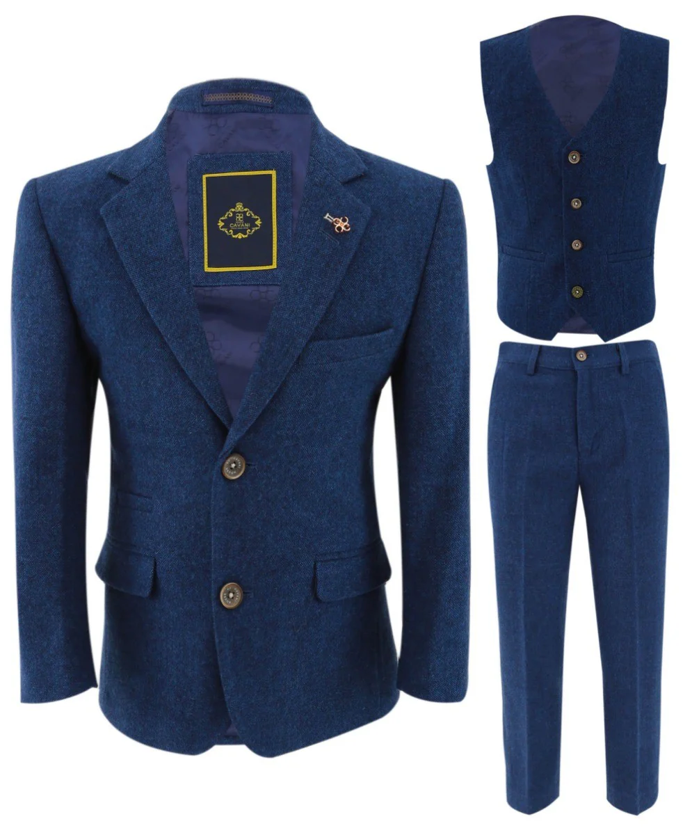 Boys Tweed Wool Blend Slim Fit Blue Suit - ORSON - Blue - Image 11