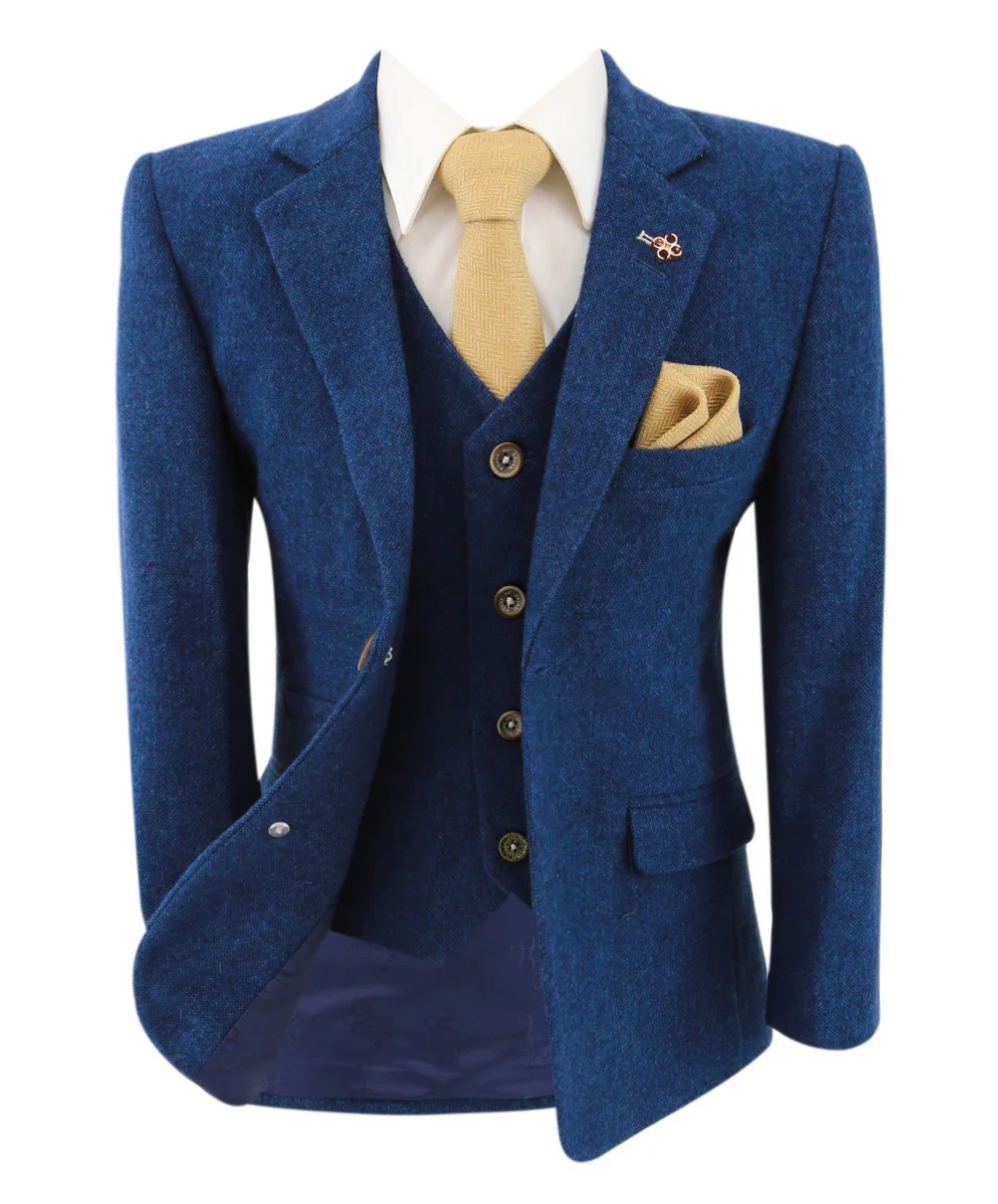 Boys Tweed Wool Blend Slim Fit Blue Suit - ORSON - Blue - Image 6