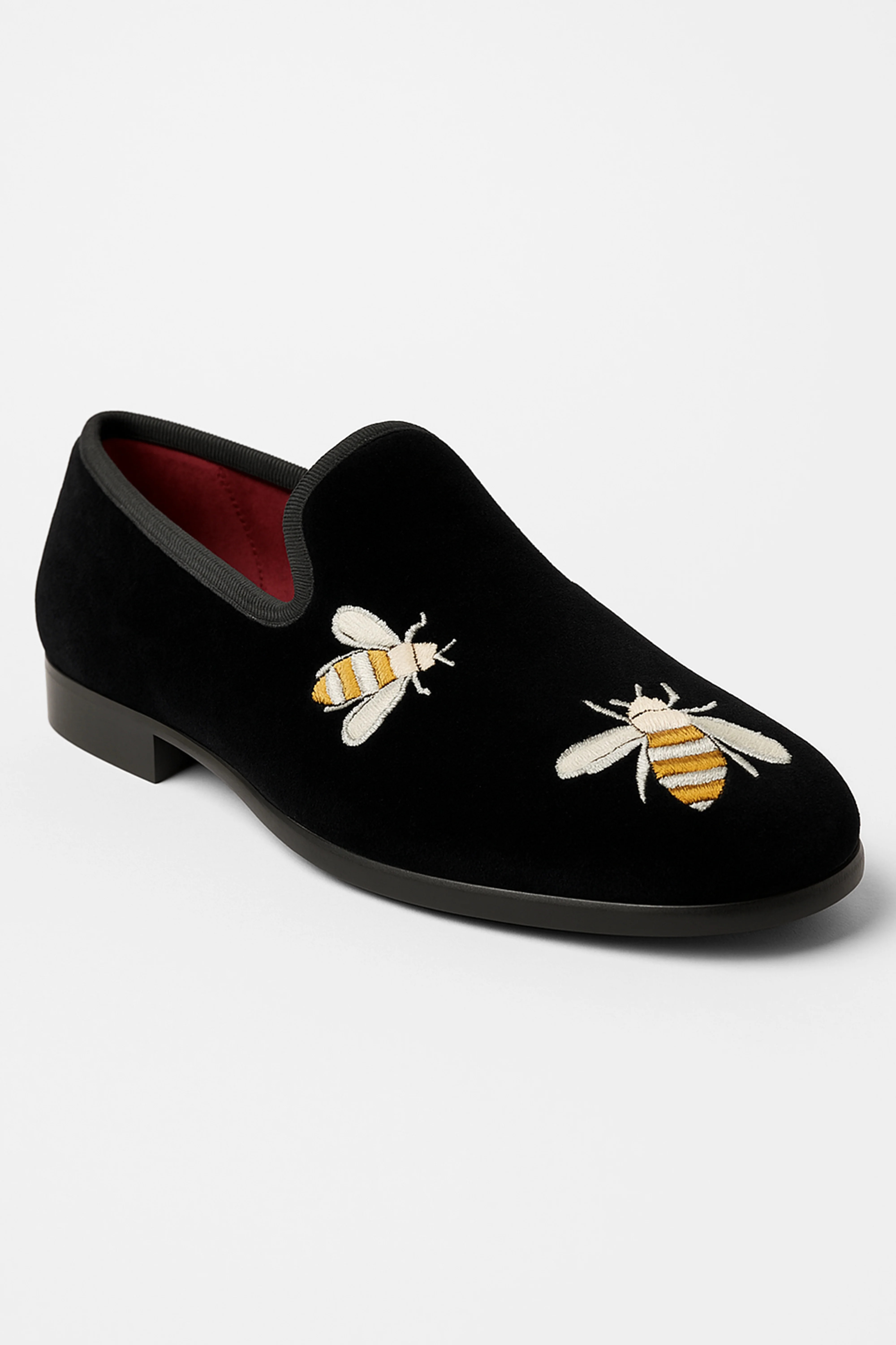 Boys Velvet Bee Embroidered Slip On Loafers - Black