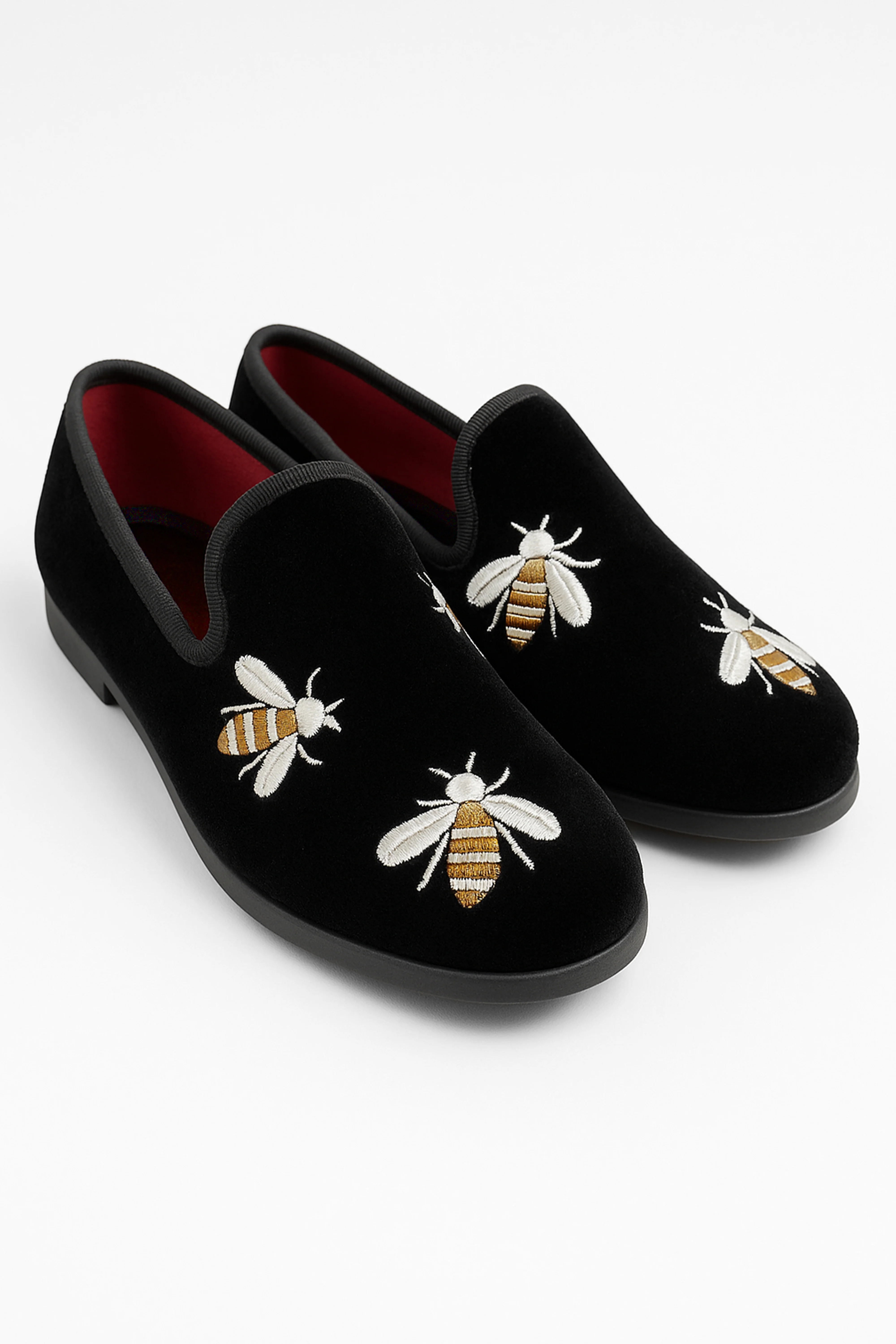 Boys Velvet Bee Embroidered Slip On Loafers - Black - Image 3