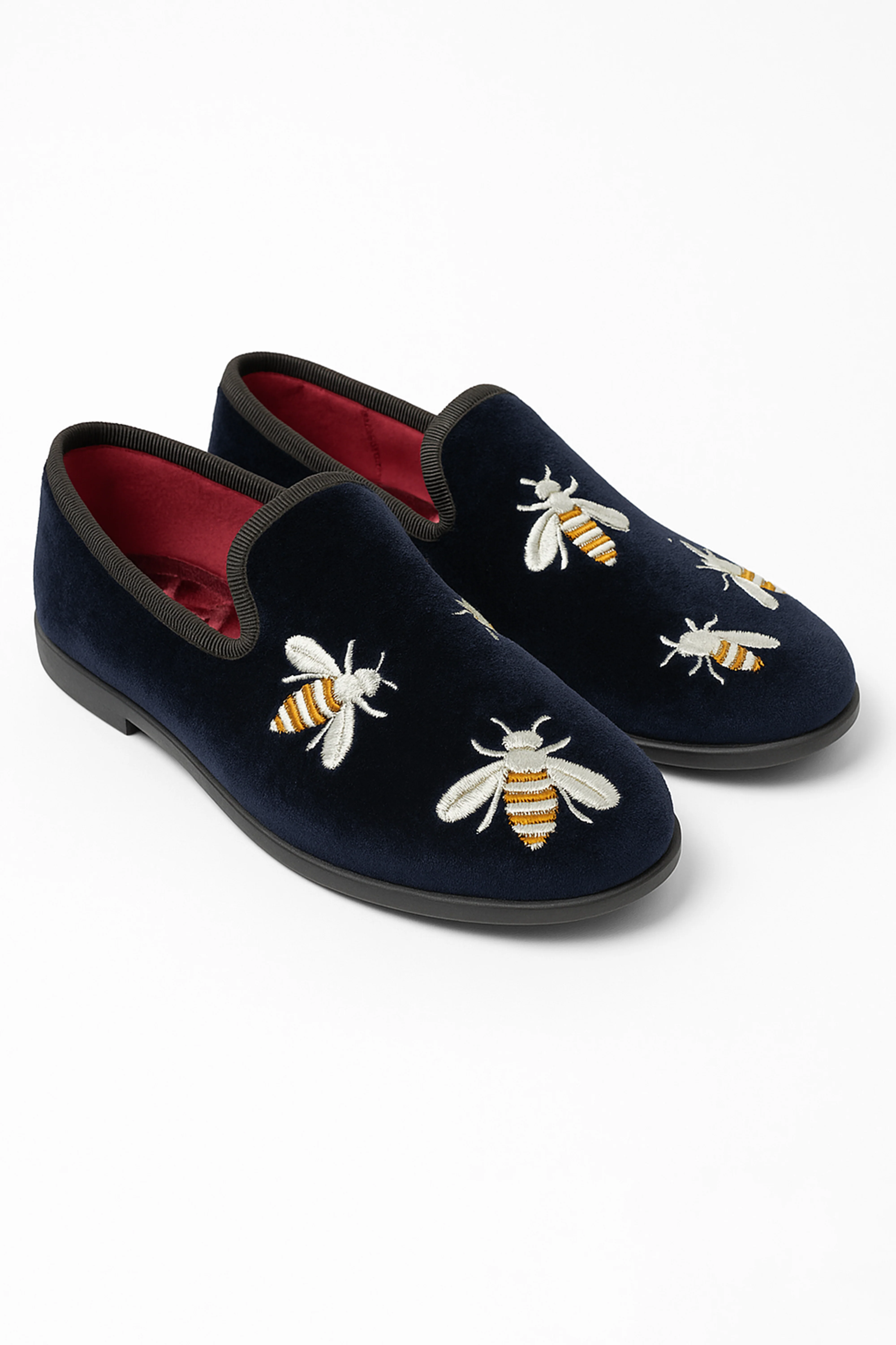 Boys Velvet Bee Embroidered Slip On Loafers - Navy Blue - Image 3