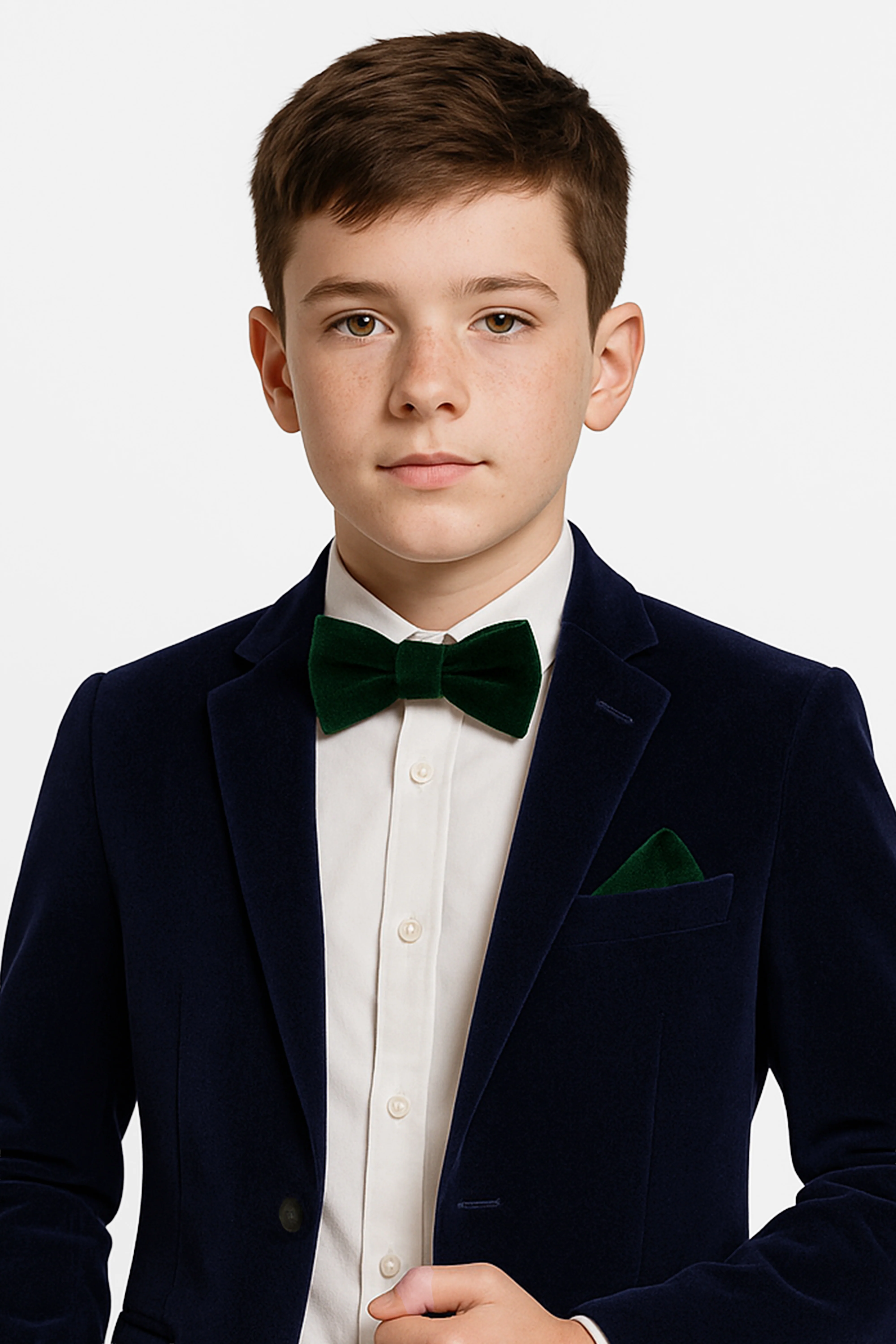 Boys Velvet Dickie Bow Tie & Handkerchief Set - Savoy - Green - Image 2