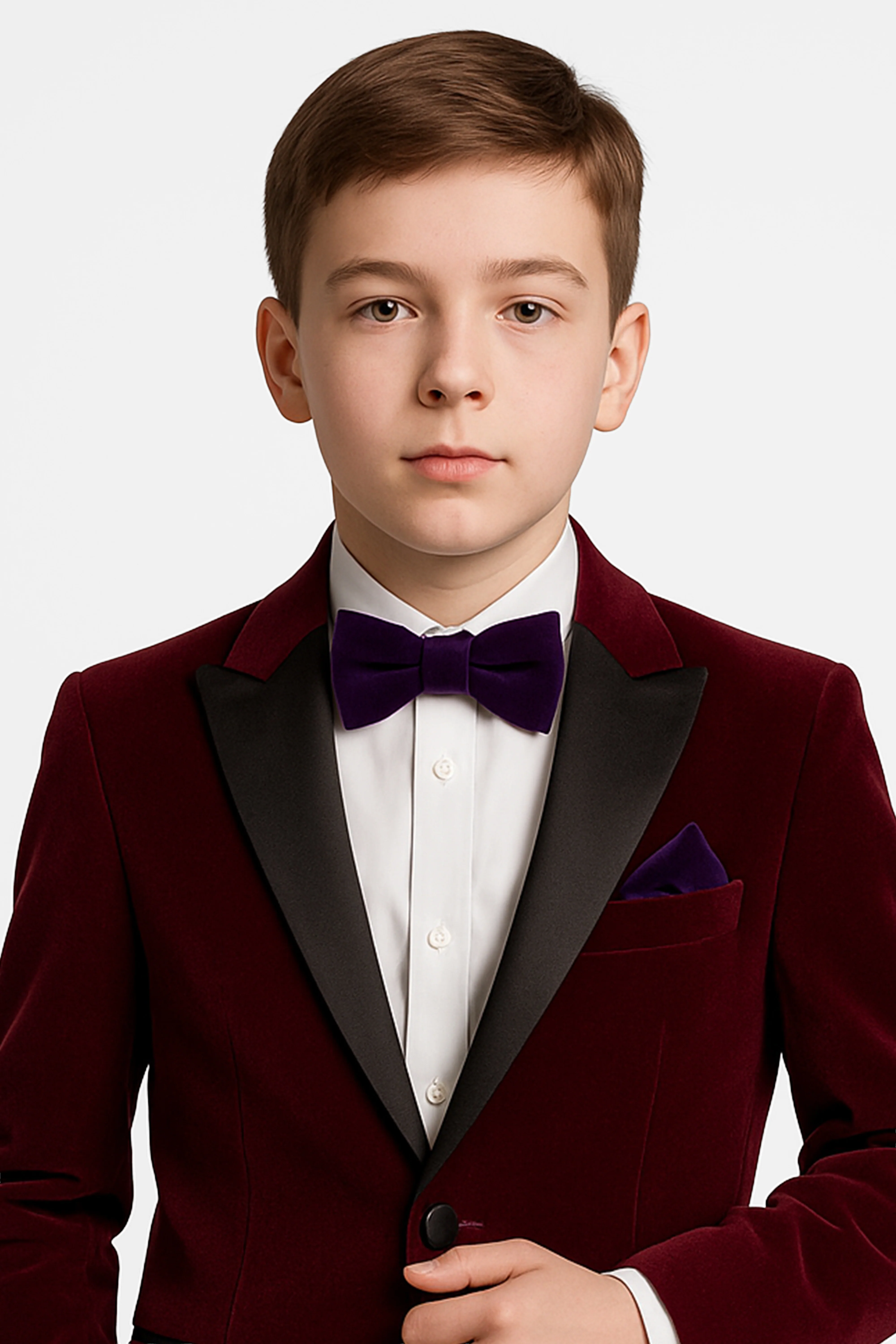Boys Velvet Dickie Bow Tie & Handkerchief Set - Savoy - Purple - Image 2
