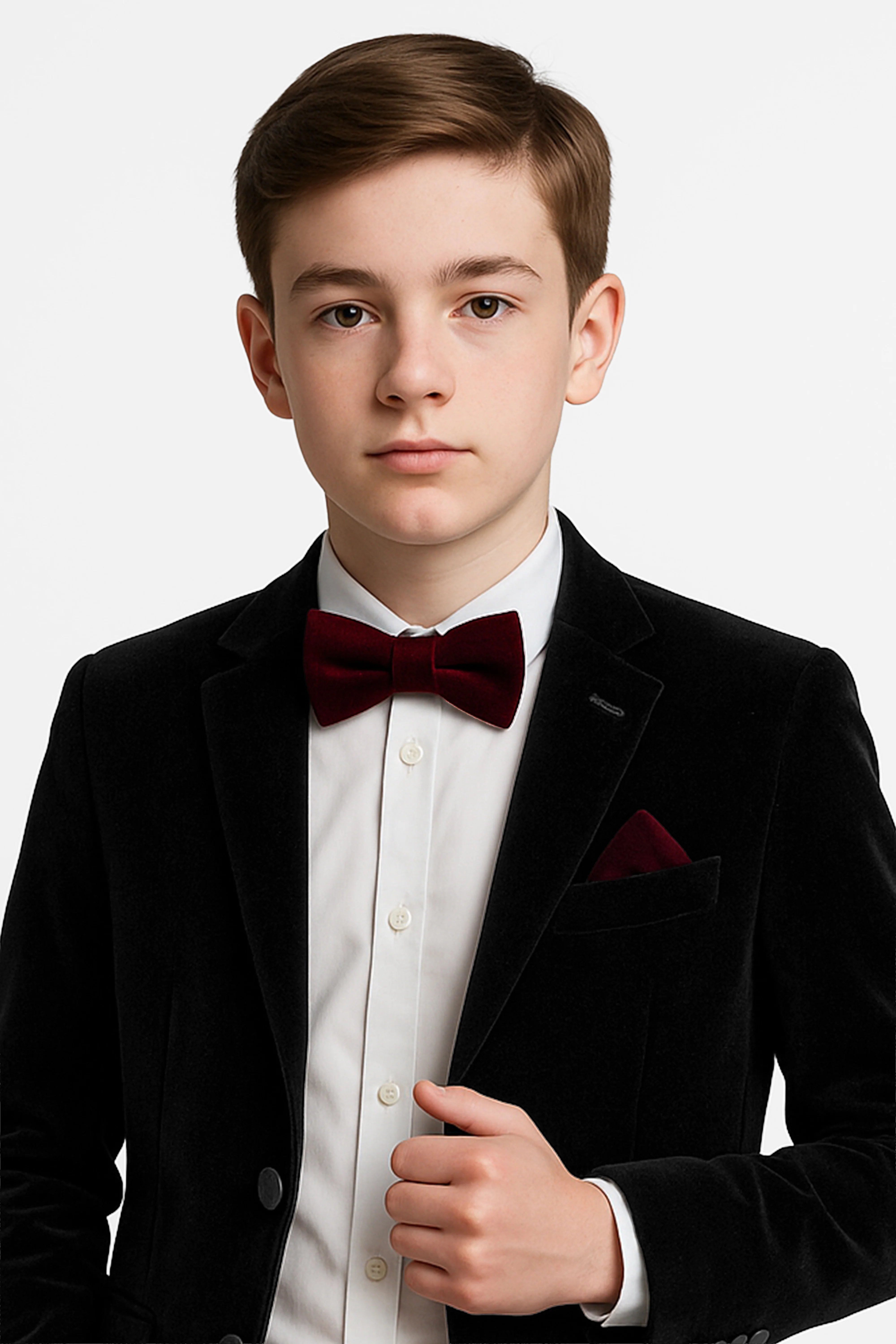 Boys Velvet Dickie Bow Tie & Handkerchief Set - Savoy - Wine - Image 2