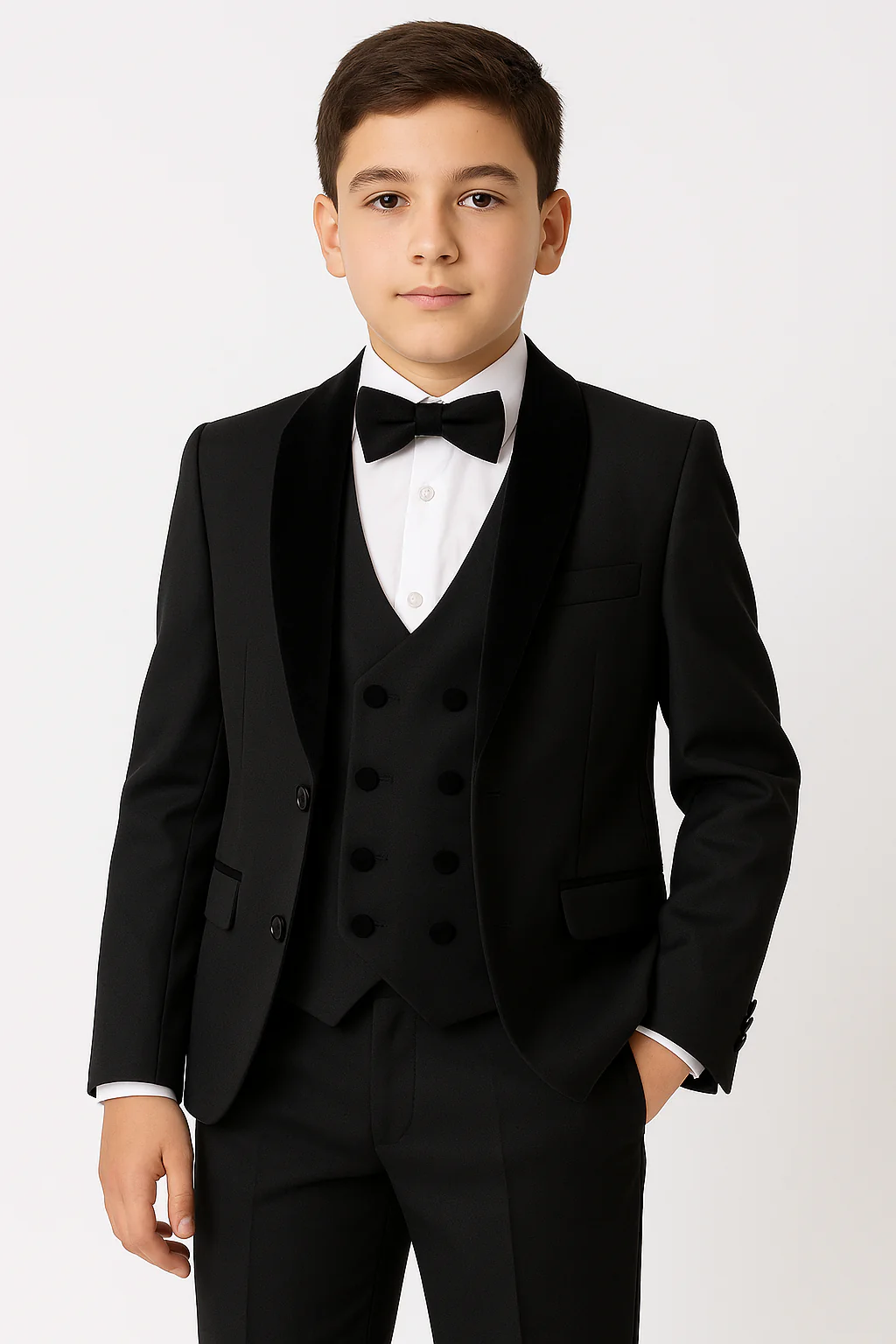Boys Velvet Trim Black Formal Suit - Black