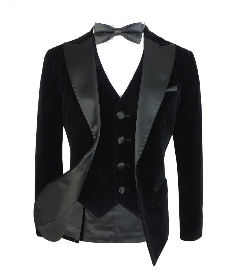 Boys Sheen Lapel Black Velvet Tuxedo Suit - Black - Image 3
