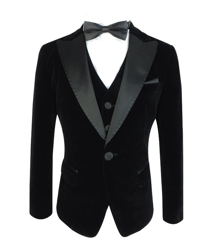 Boys Sheen Lapel Black Velvet Tuxedo Suit - Black - Image 4