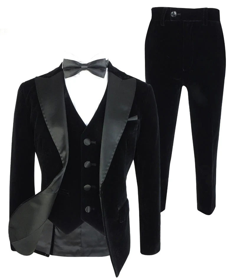 Boys Sheen Lapel Black Velvet Tuxedo Suit - Black - Image 7