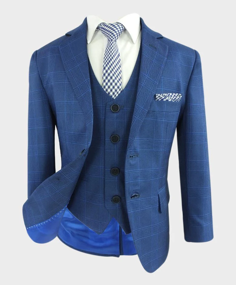 Boys Windowpane Check Tweed Tailored Fit Suit - Blue - Image 3