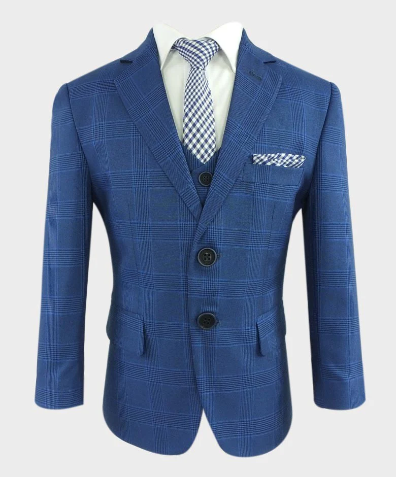 Boys Windowpane Check Tweed Tailored Fit Suit - Blue - Image 4