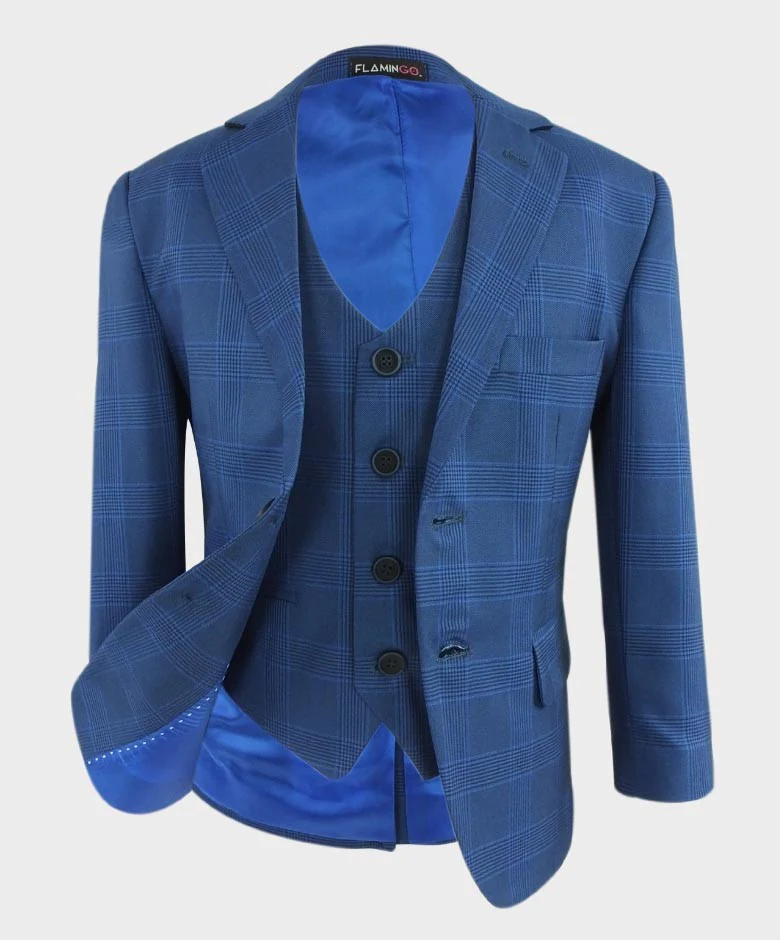 Boys Windowpane Check Tweed Tailored Fit Suit - Blue - Image 5