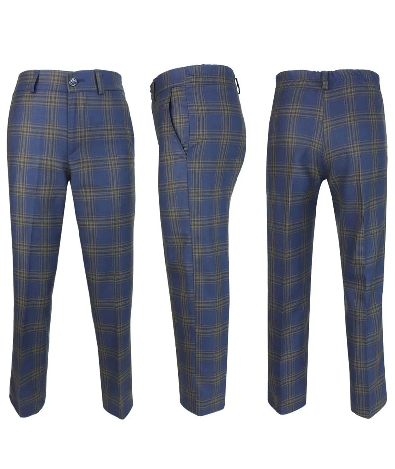 Boys Windowpane Check Tweed Tailored Fit Suit - Navy Blue - Brown - Image 6