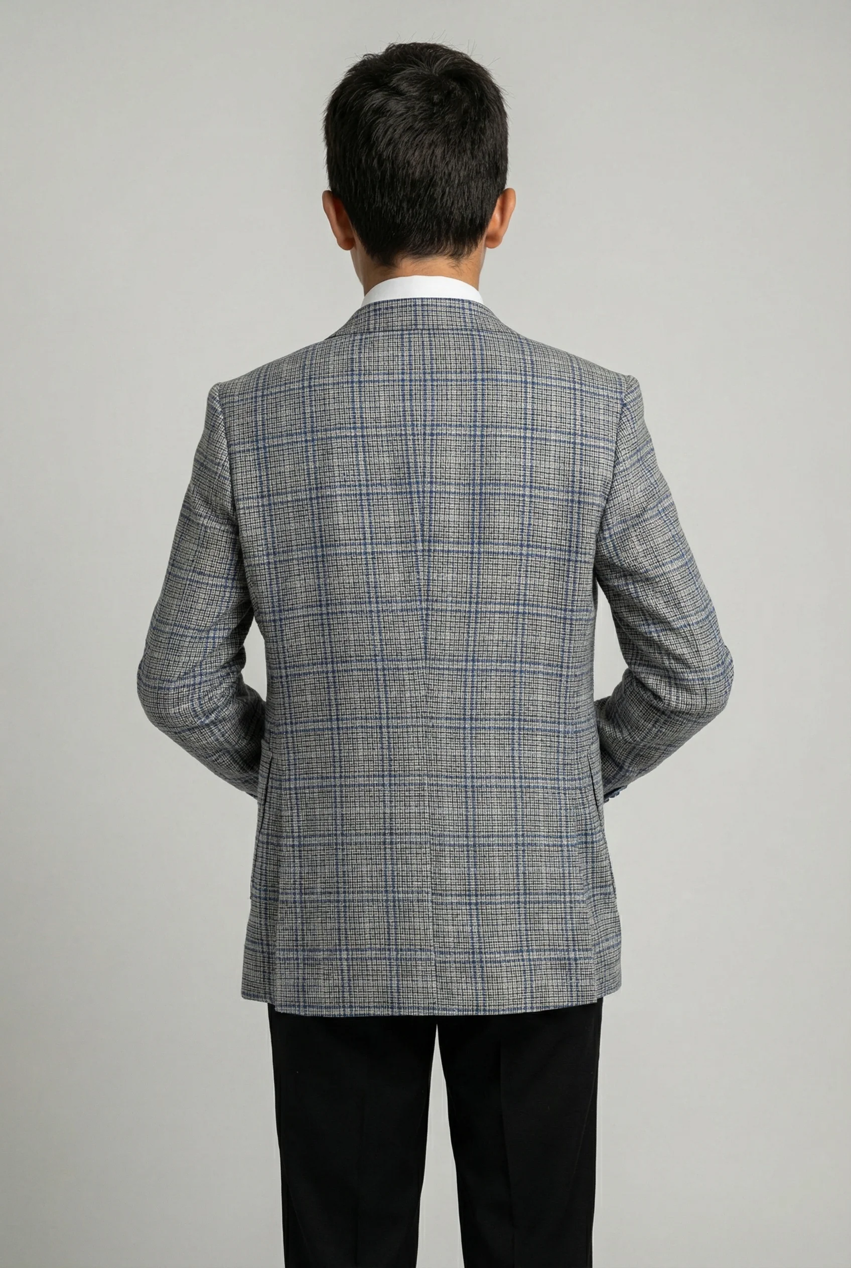 Boys Windowpane Check Slim Fit Suit - Blue - Black - Image 5