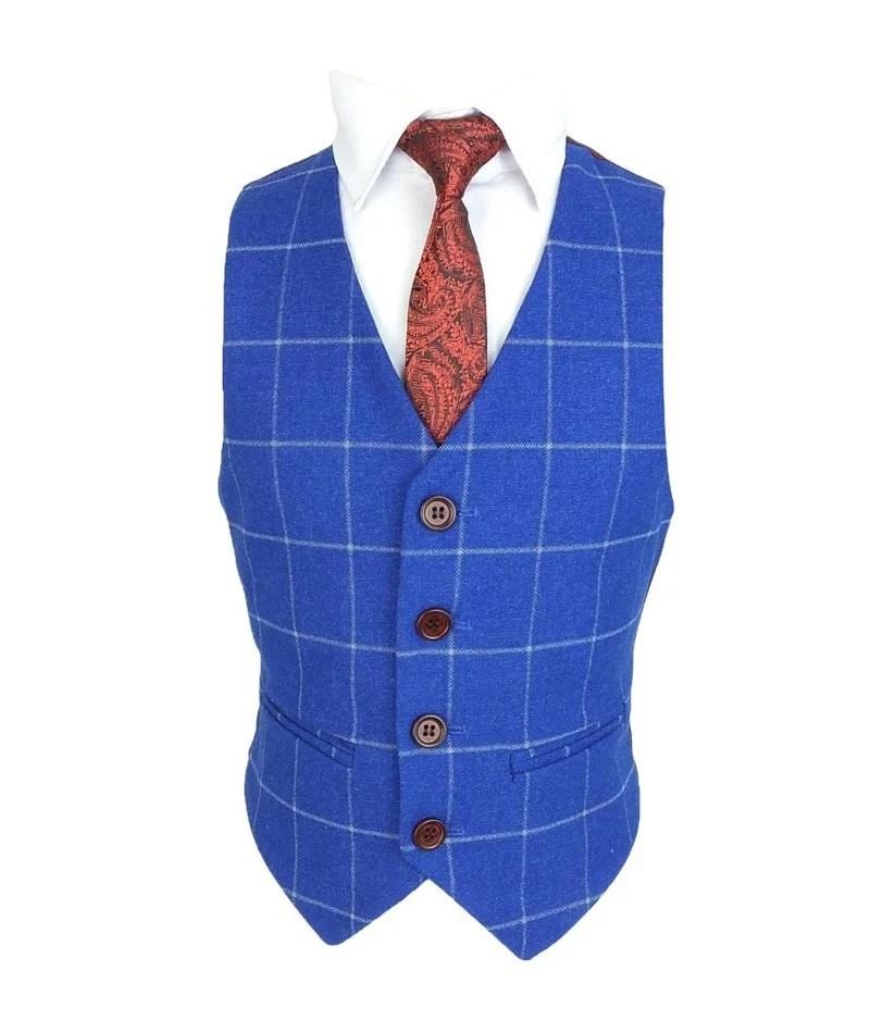Boys Windowpane Check Slim Fit Suit - Royal Blue - Image 3