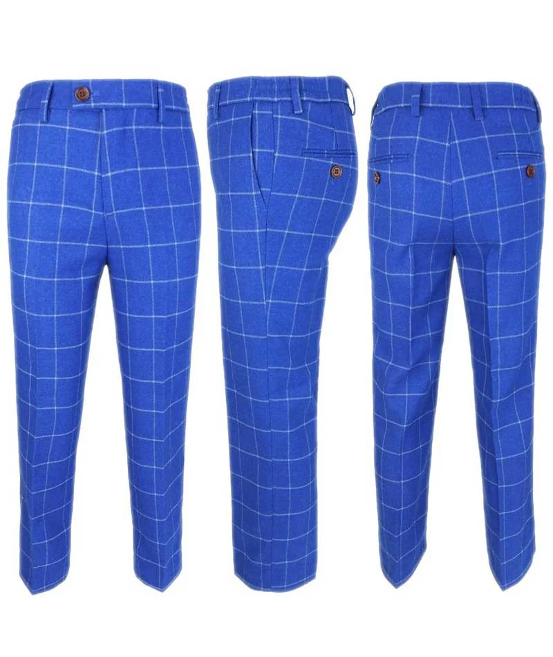 Boys Windowpane Check Slim Fit Suit - Royal Blue - Image 4