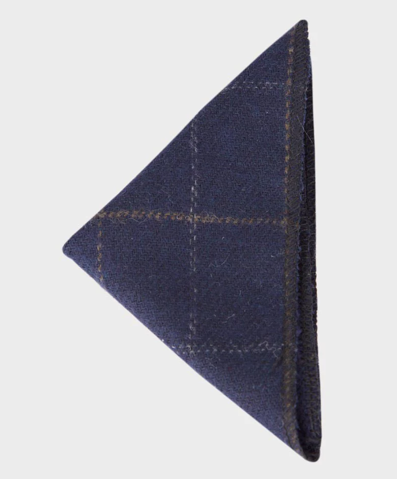 Boys Windowpane Tweed Navy Tie and Hanky Set - Navy Blue - Image 6