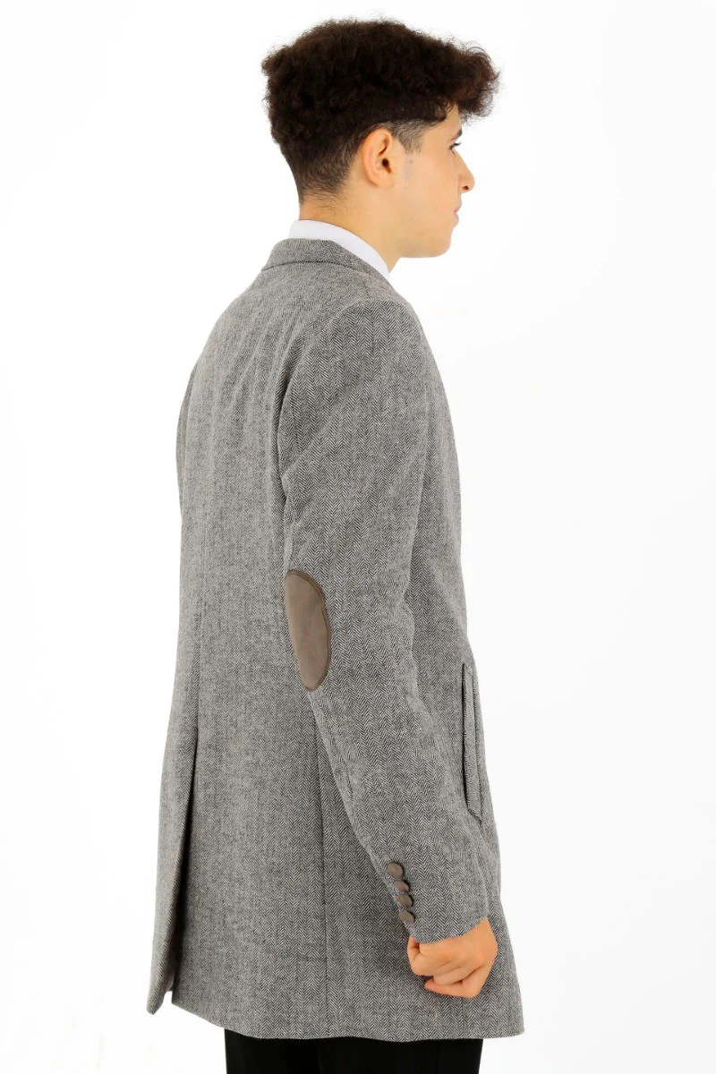 Boys Wool Herringbone Tailored Fit Midi Winter Coat - Light Grey - Image 4
