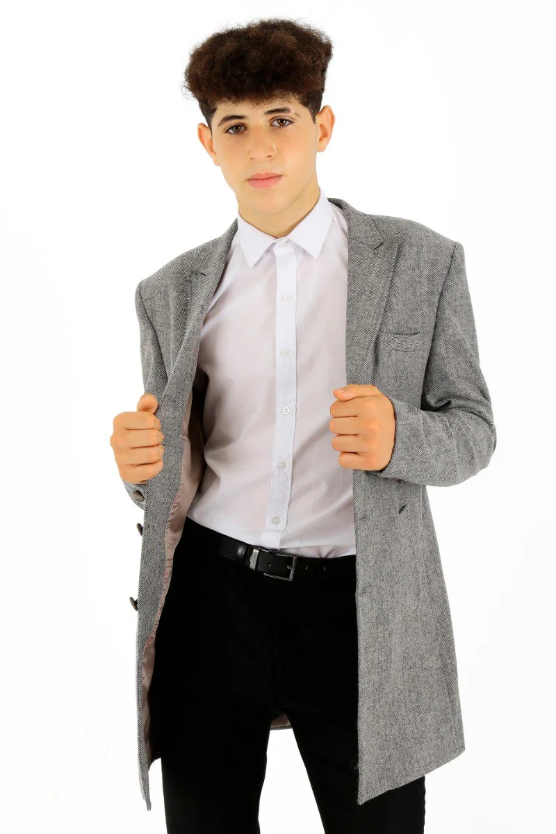 Boys Wool Herringbone Tailored Fit Midi Winter Coat - Light Grey - Image 5