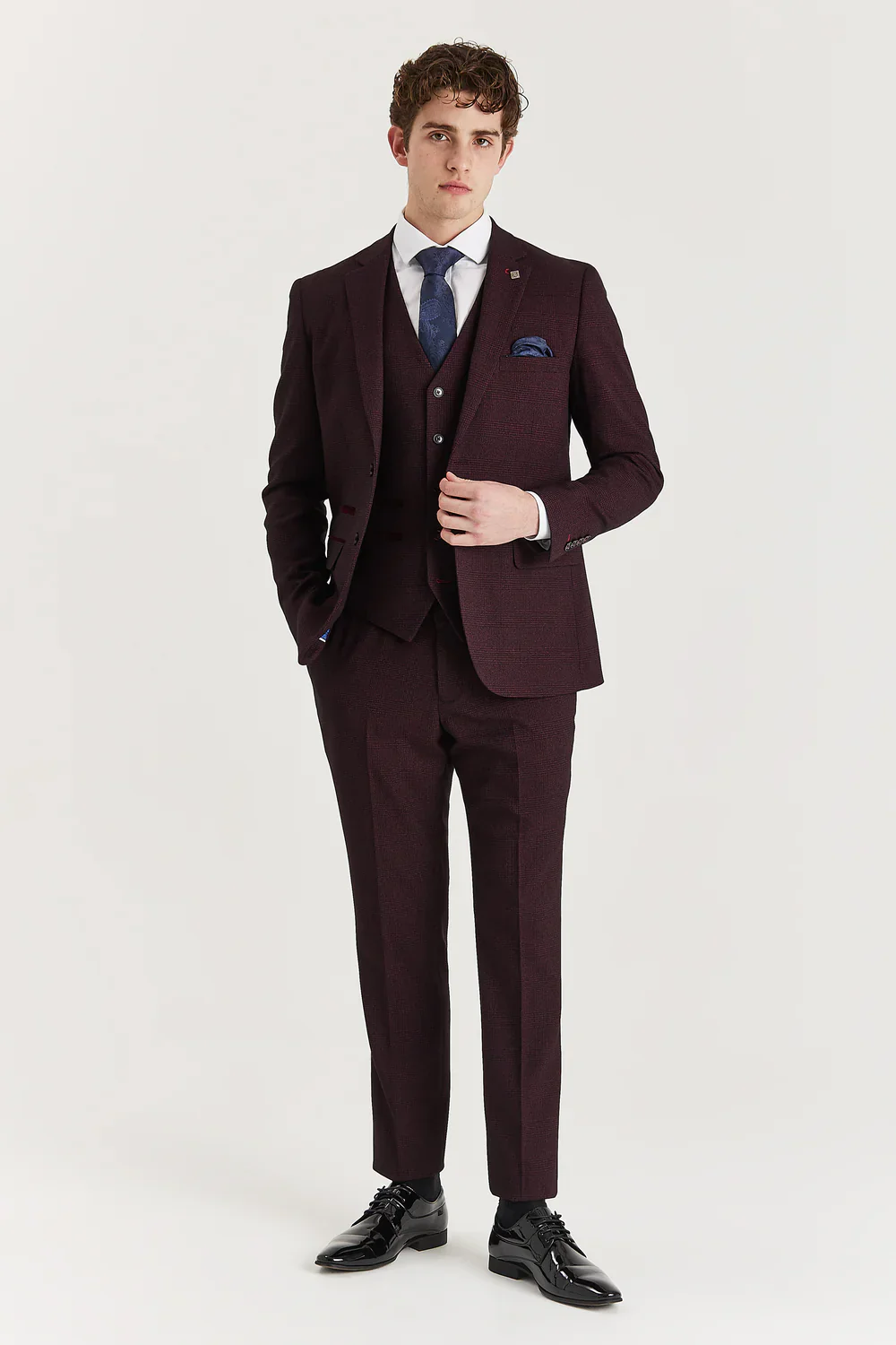 Father & Son Matching Glen Check Tweed 3-Piece Suit Set - Regent - Wine Red - Image 3