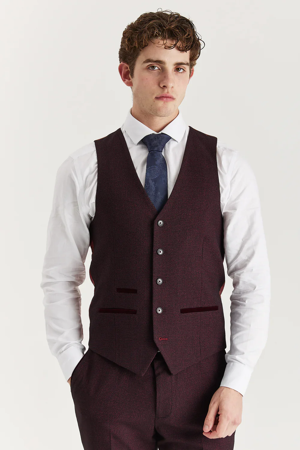 Father & Son Matching Glen Check Tweed 3-Piece Suit Set - Regent - Wine Red - Image 5