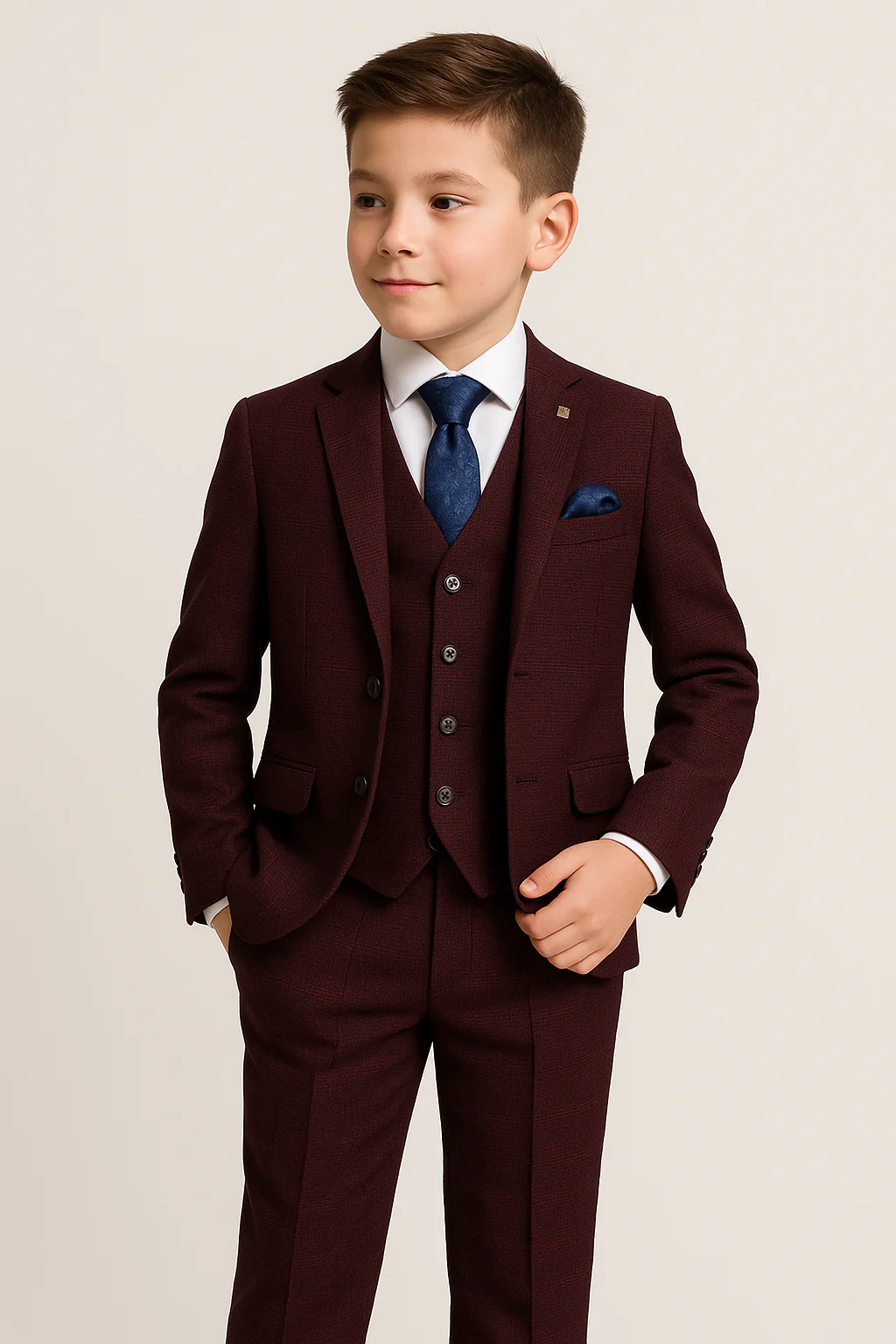 Father & Son Matching Glen Check Tweed 3-Piece Suit Set - Regent - Wine Red - Image 8