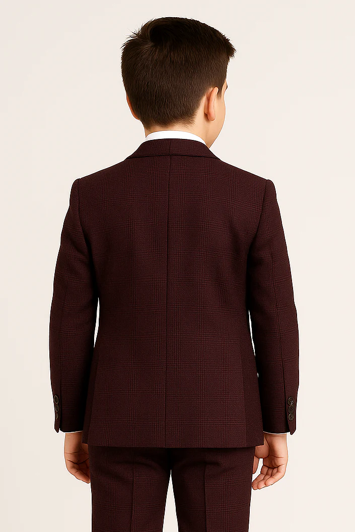 Father & Son Matching Glen Check Tweed 3-Piece Suit Set - Regent - Wine Red - Image 9