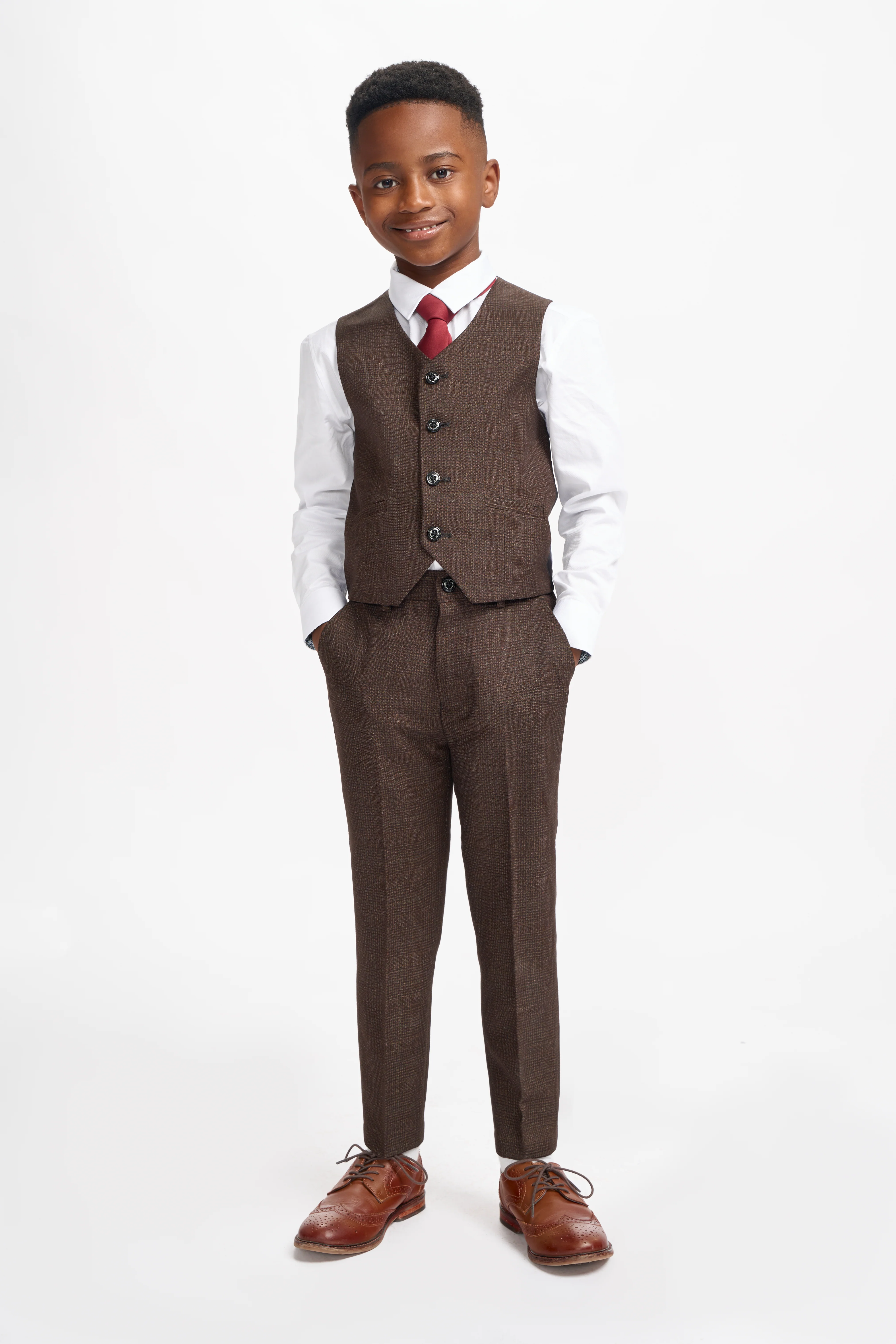 Father & Son Matching Glen Check Wool Tweed 3-Piece Suit Set - Caridi Brown - Image 13