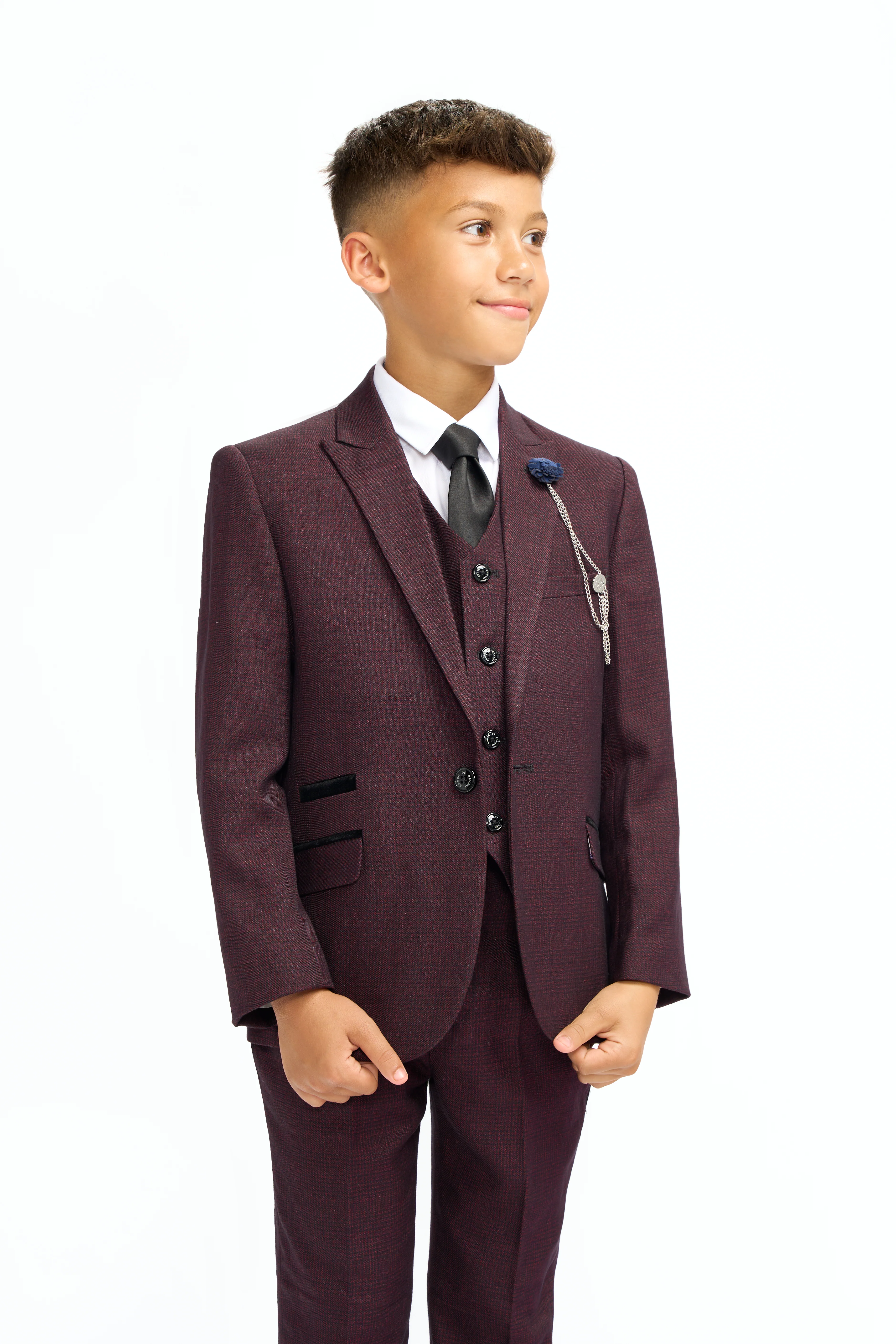 Father & Son Matching Glen Check Wool Tweed 3-Piece Suit Set - Caridi Wine - Image 10