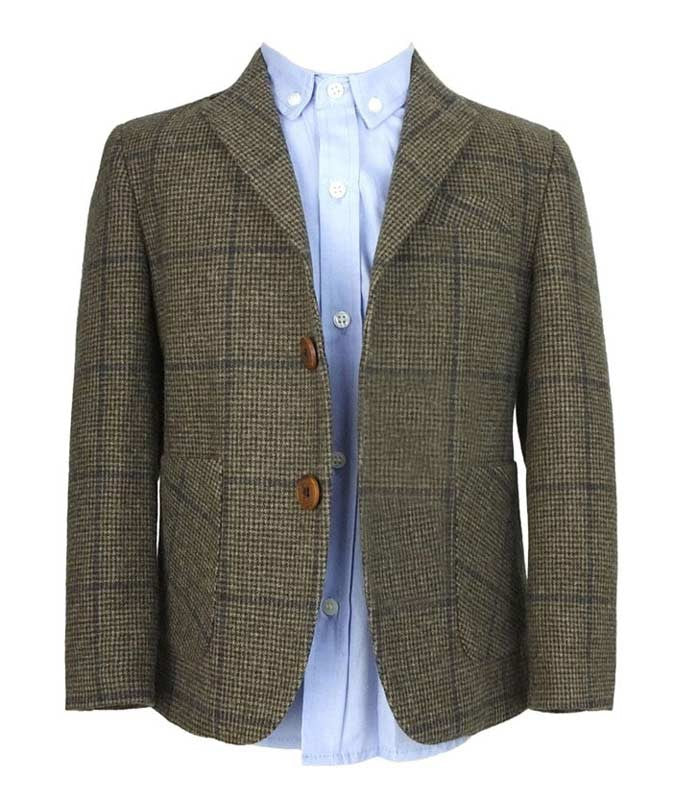 Boys Herringbone Windowpane Wool Suit - Brown - Navy Blue - Image 3