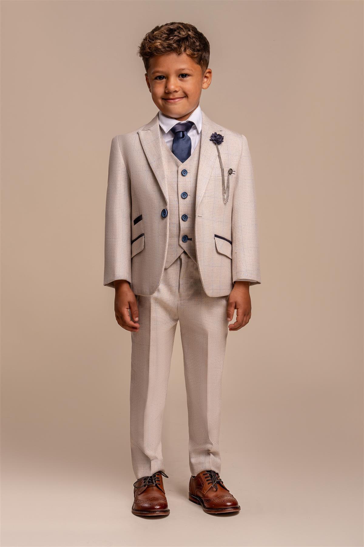 Father & Son Matching Glen Check Wool Tweed 3-Piece Suit Set - Caridi Beige - Image 10