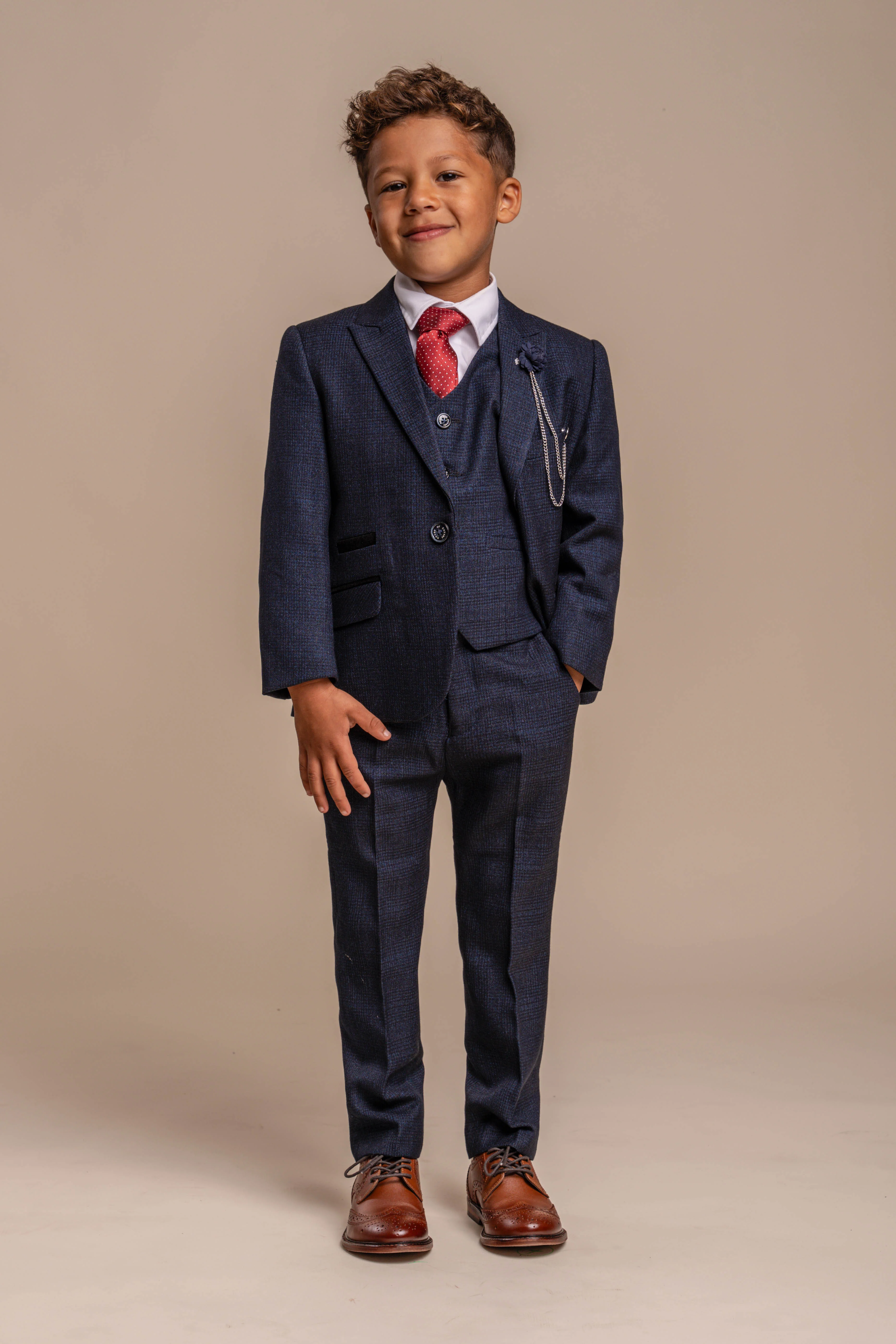 Father & Son Matching Glen Check Wool Tweed 3-Piece Suit Set - Caridi Navy - Image 11