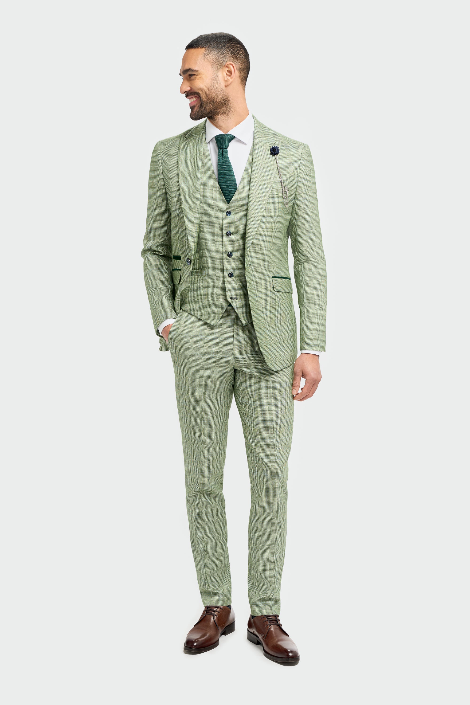 Father & Son Matching Glen Check Wool Tweed 3-Piece Suit Set - Caridi Sage - Image 3