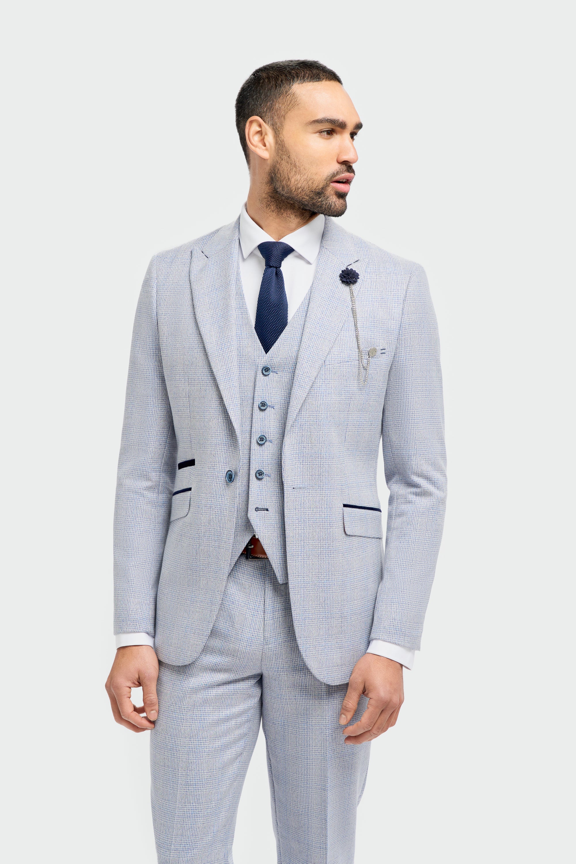Father & Son Matching Glen Check Wool Tweed 3-Piece Suit Set - Caridi  - Sky Blue - Image 2