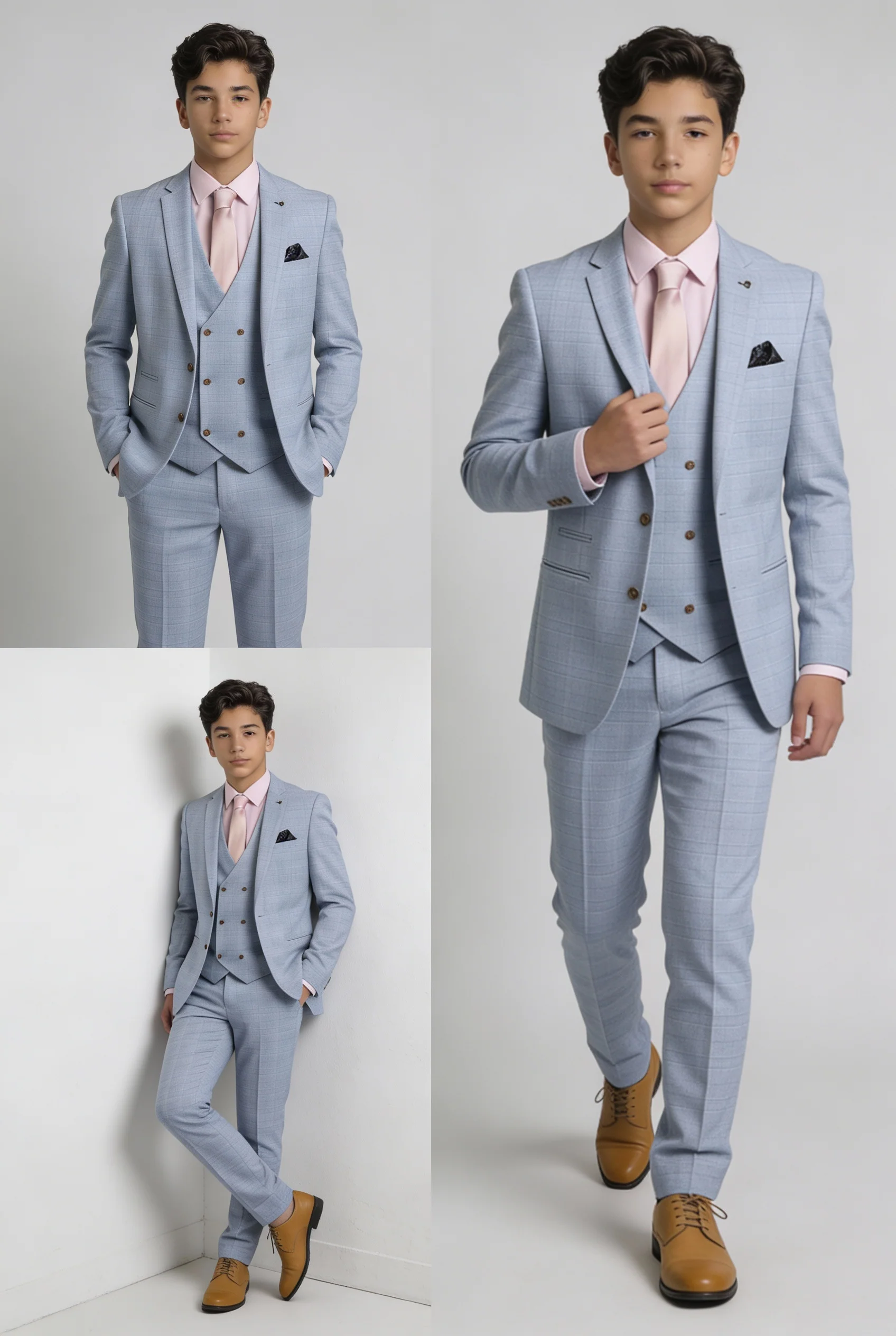 Father & Son Matching Glen Check Wool Tweed 3-Piece Suit Set - Luis Light Blue - Image 13