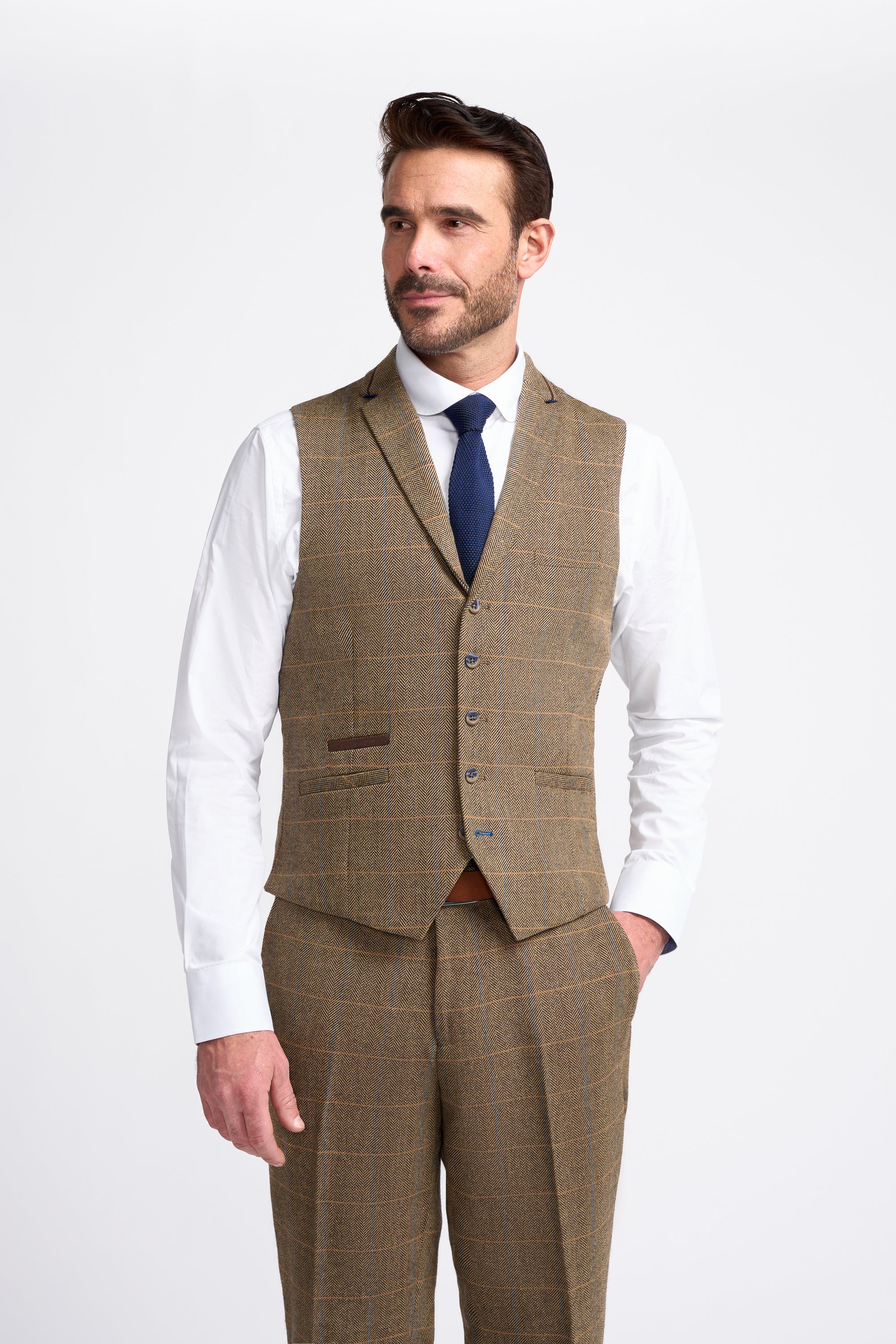 Father & Son Matching Herringbone Windowpane Check Tweed 3-Piece Suit Set - Albert  Brown - Image 5