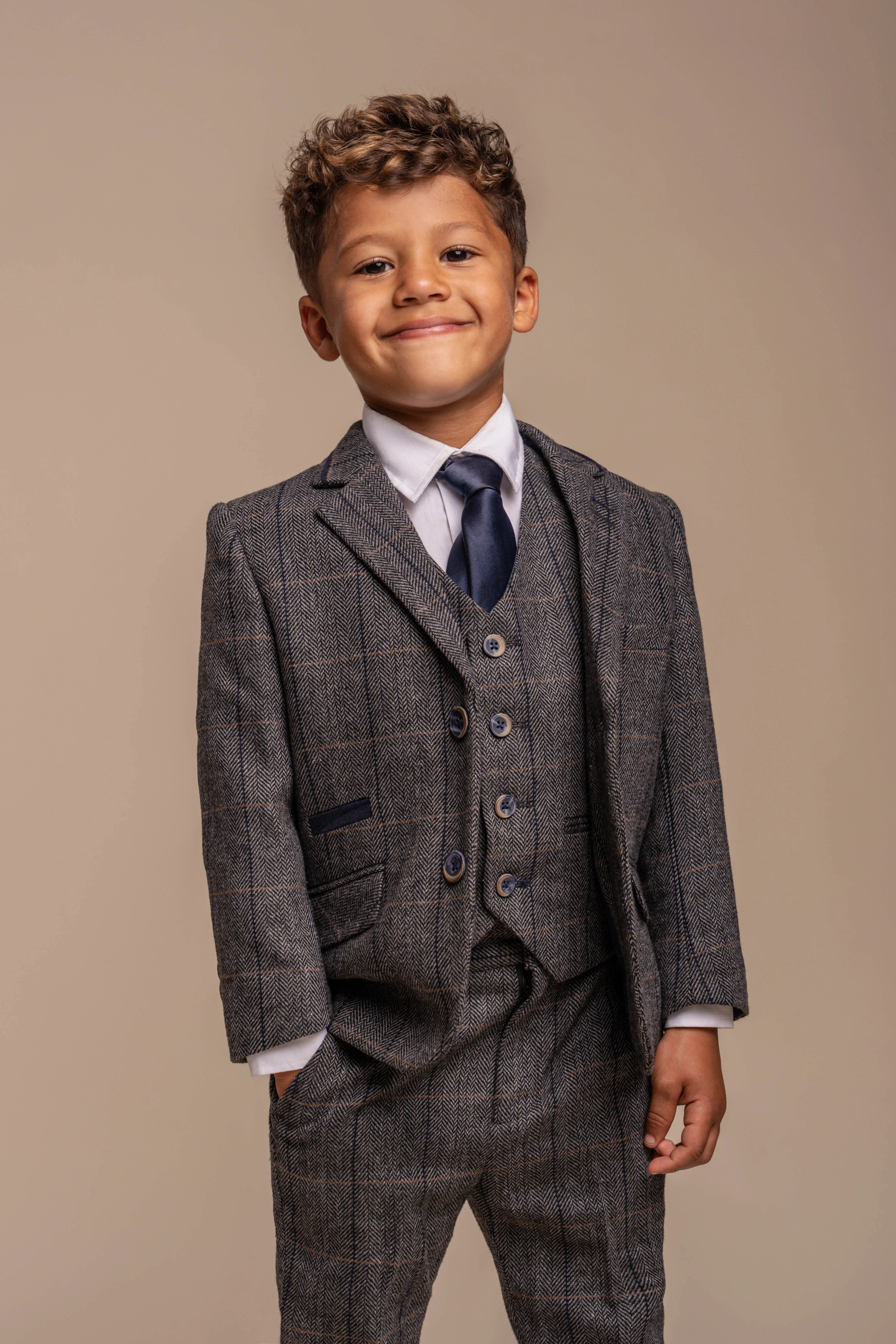 Father & Son Matching Herringbone Windowpane Check Tweed 3-Piece Suit Set - Albert Grey - Image 11