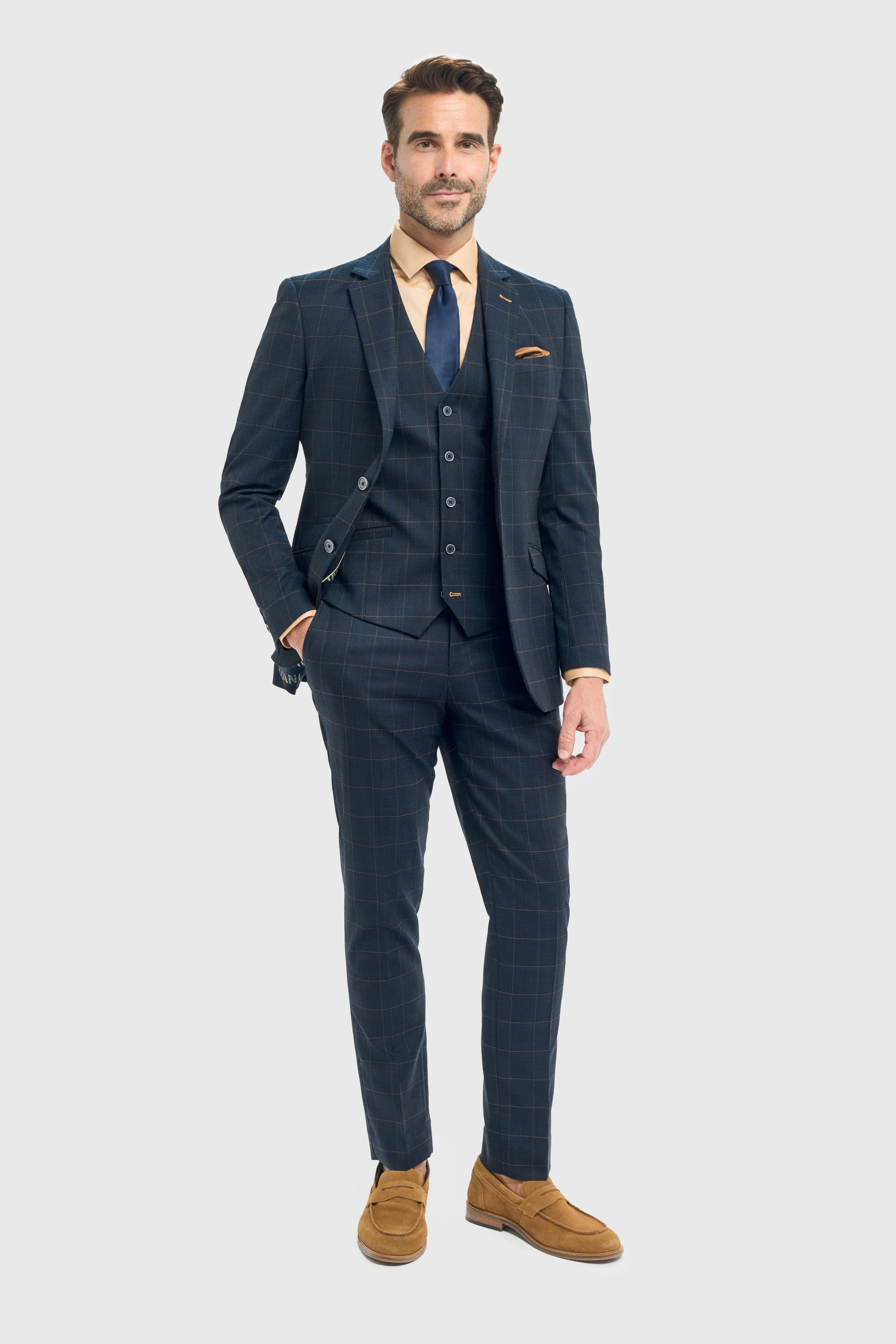 Father & Son Matching Windowpane Check 3-Piece Suit Set - Torino Navy - Image 2